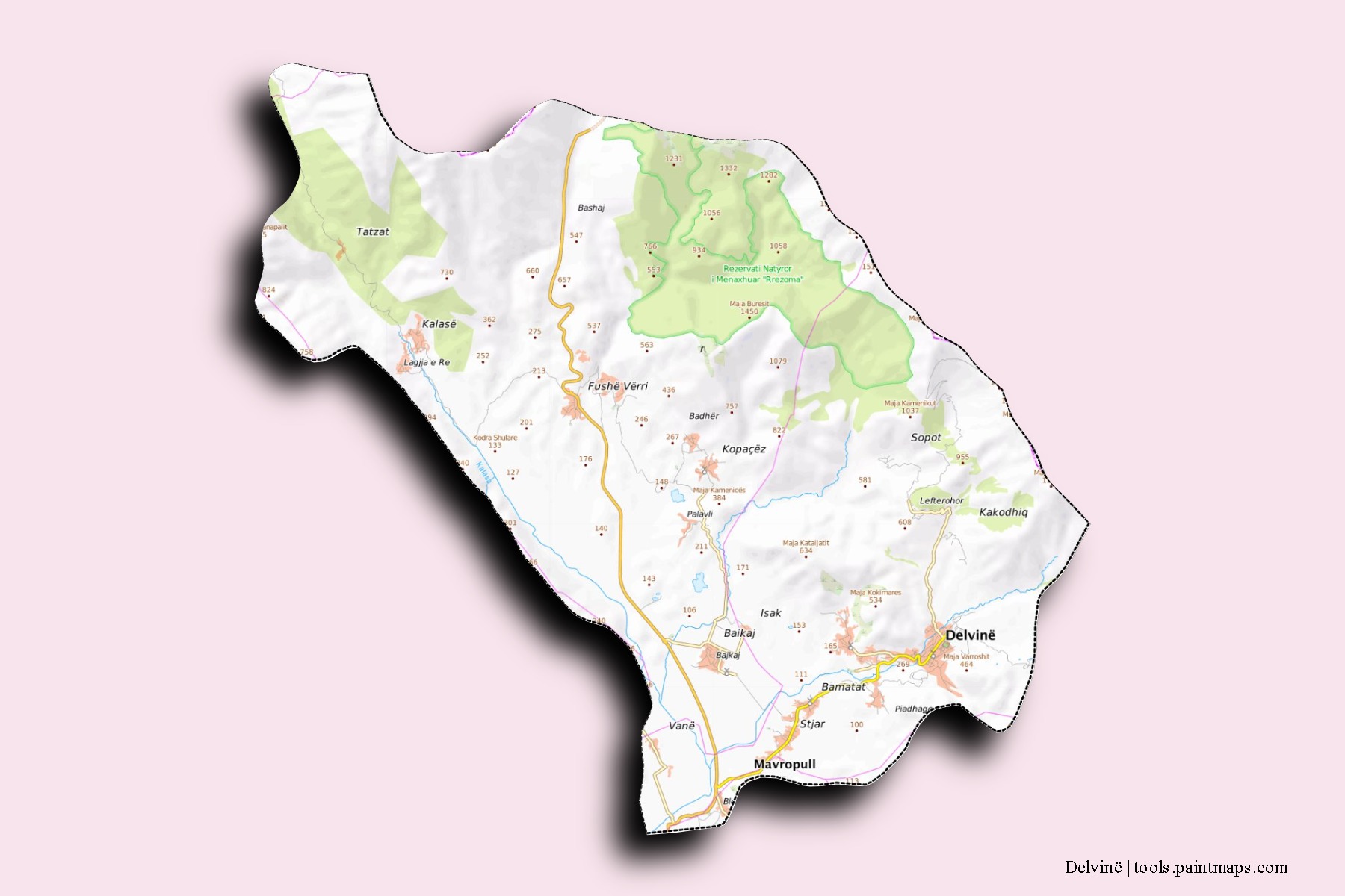 Mapa de barrios y pueblos de Delvinë con efecto de sombra 3D