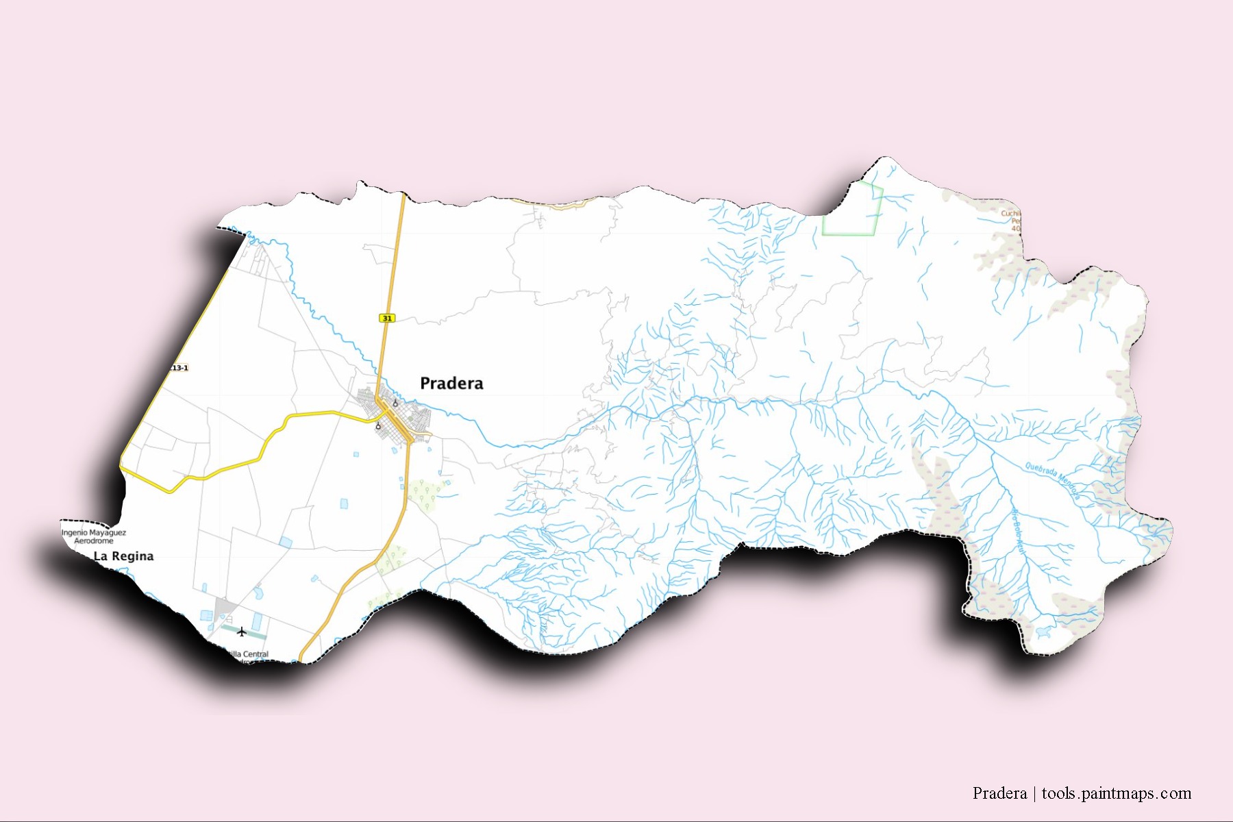 Mapa de barrios y pueblos de Pradera con efecto de sombra 3D