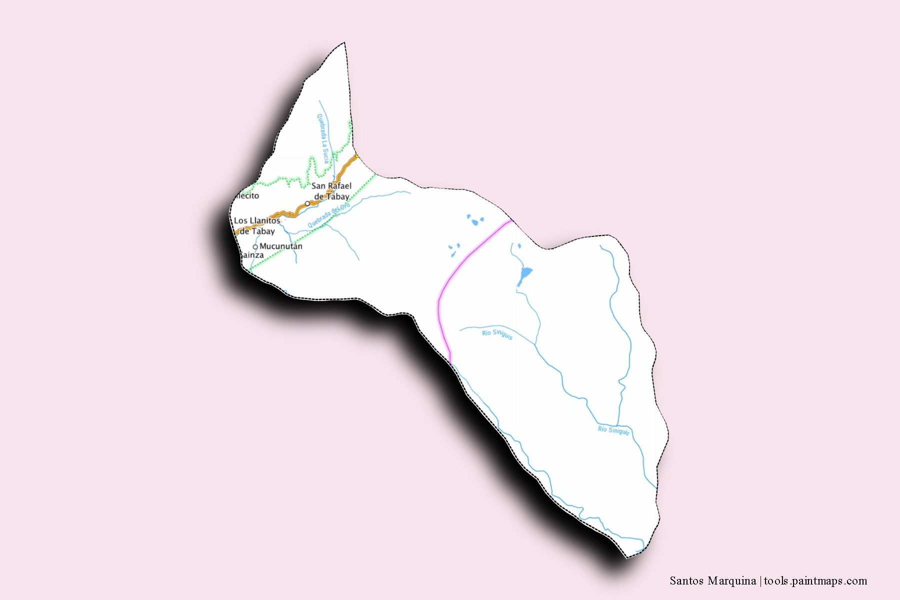 Mapa de barrios y pueblos de Santos Marquina con efecto de sombra 3D