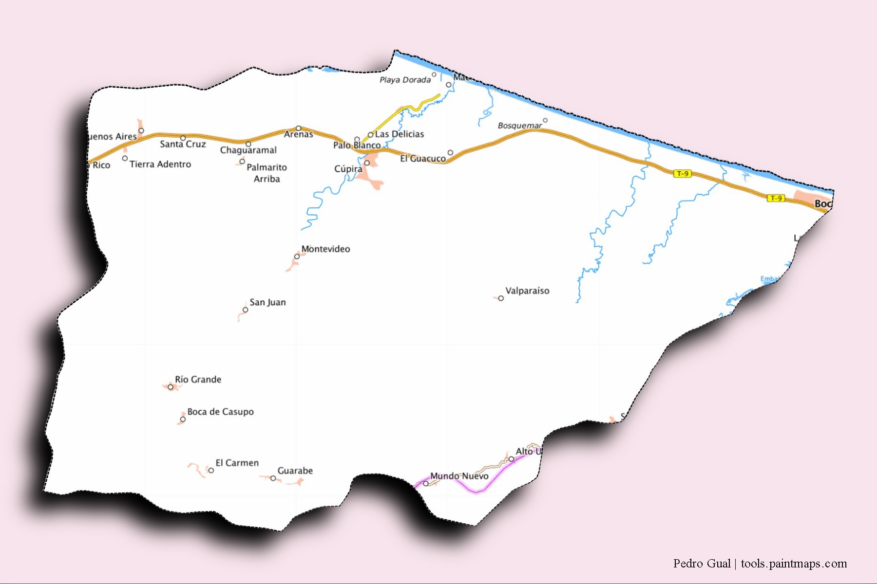 Mapa de barrios y pueblos de Pedro Gual con efecto de sombra 3D