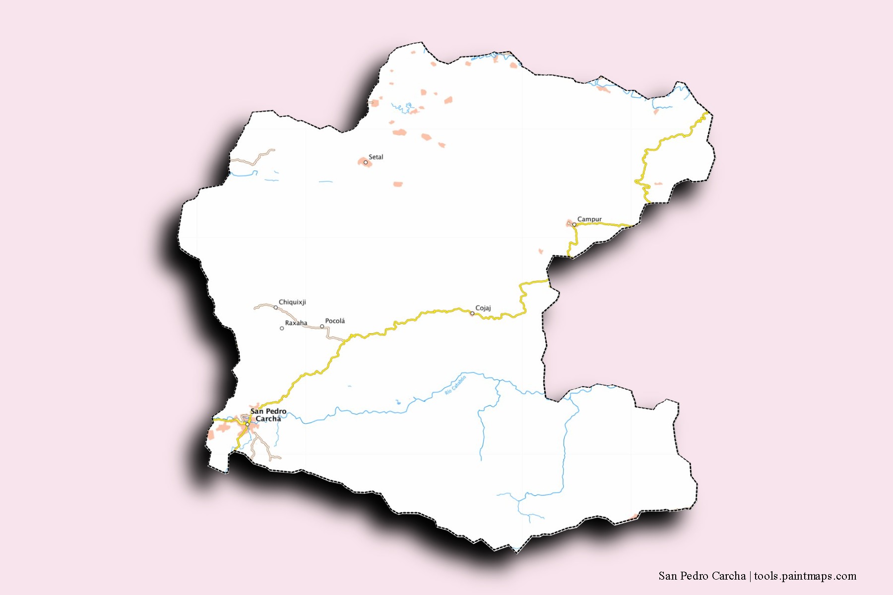 Mapa de barrios y pueblos de San Pedro Carcha con efecto de sombra 3D