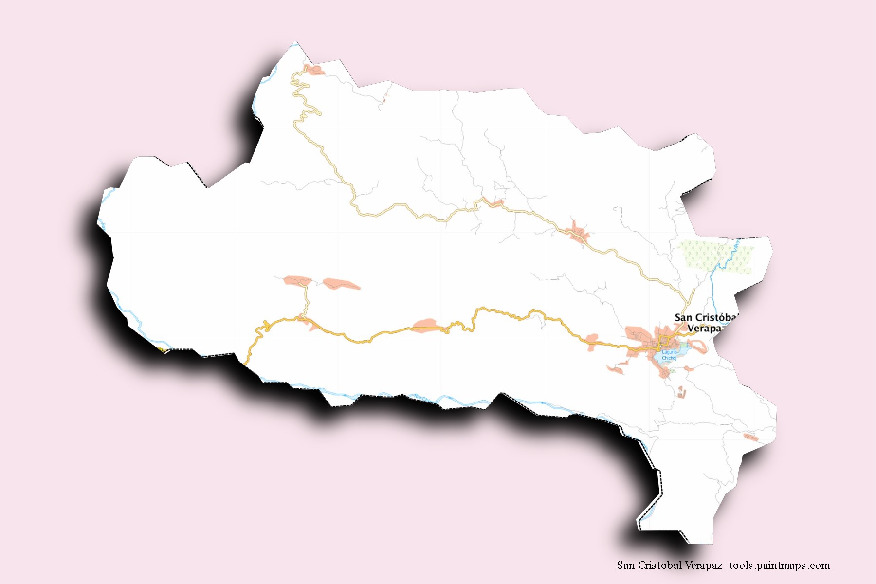 Mapa de barrios y pueblos de San Cristobal Verapaz con efecto de sombra 3D