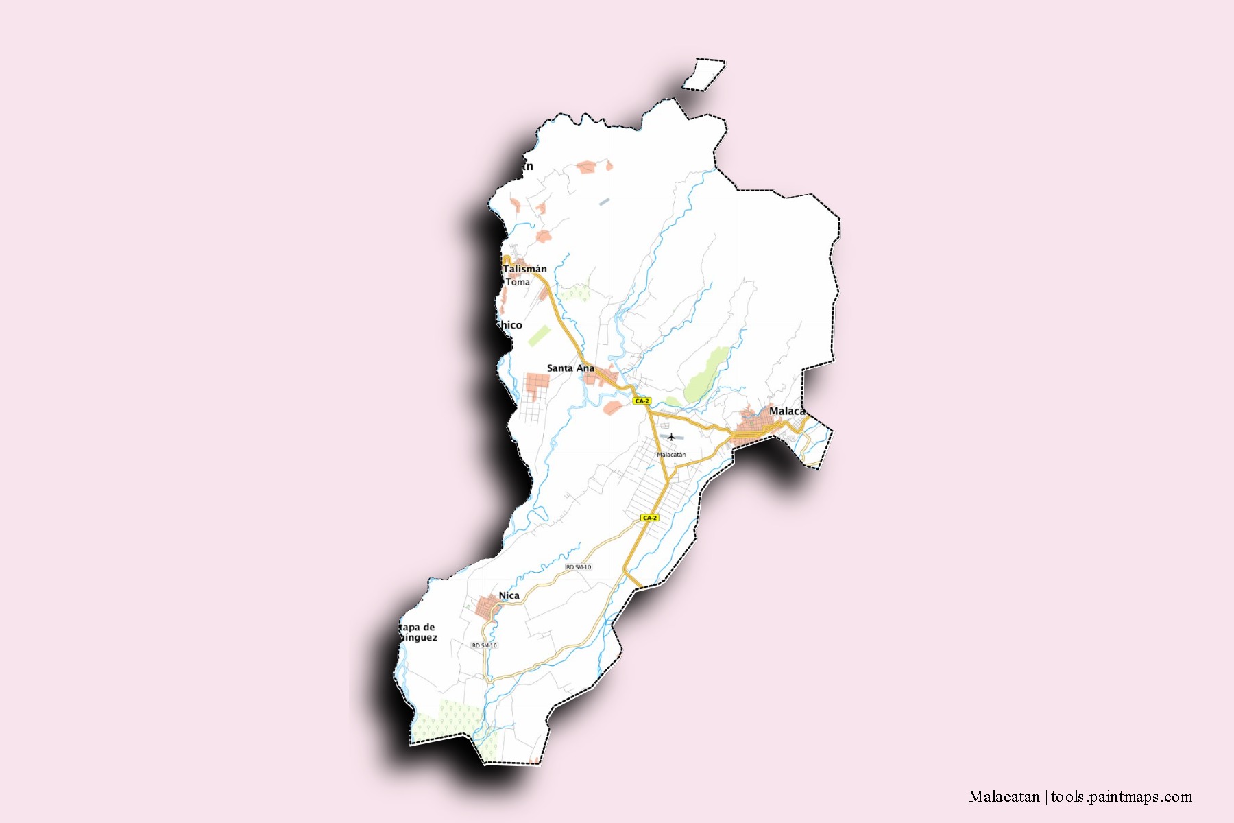 Mapa de barrios y pueblos de Malacatan con efecto de sombra 3D