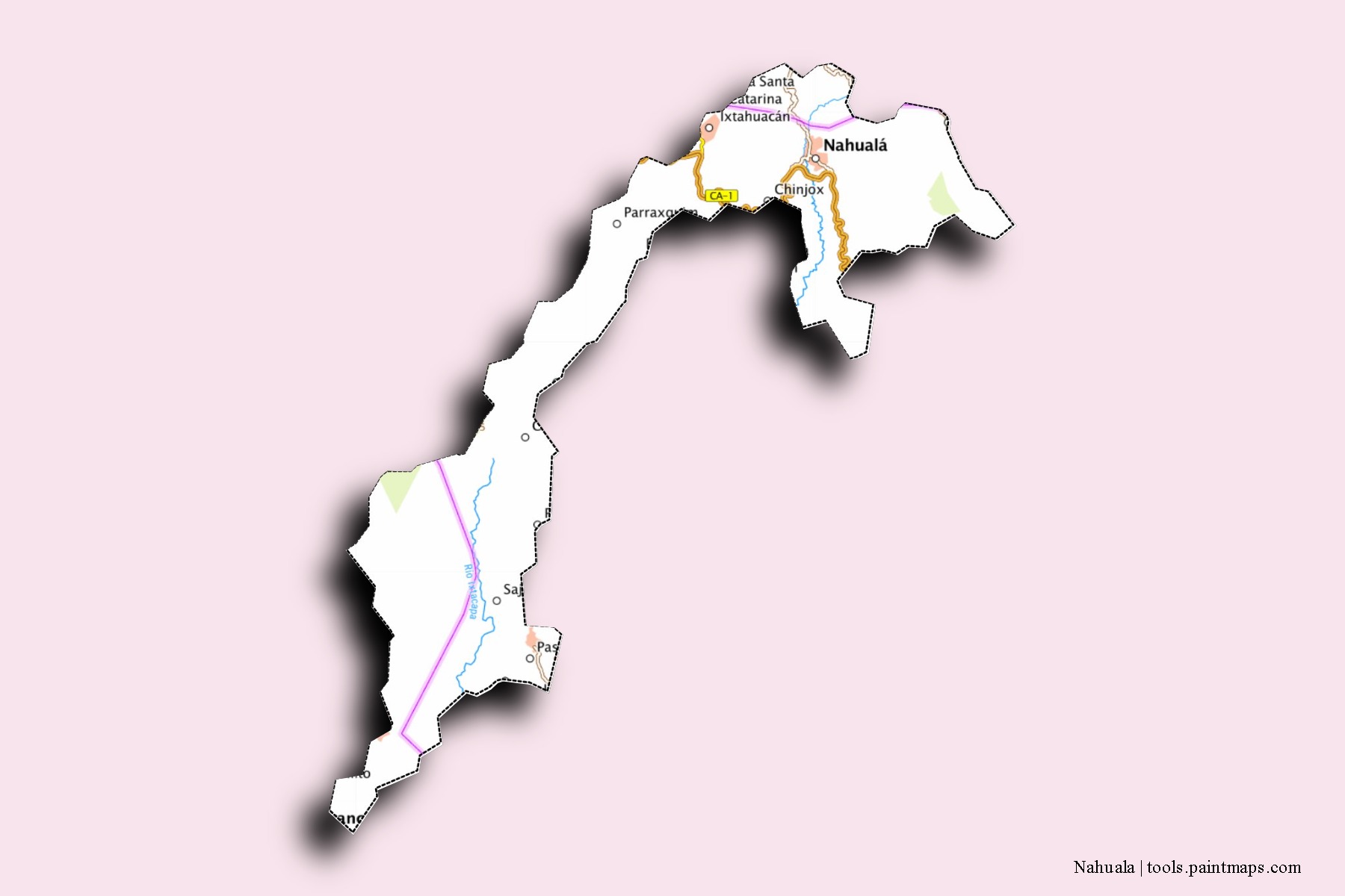 Mapa de barrios y pueblos de Nahuala con efecto de sombra 3D