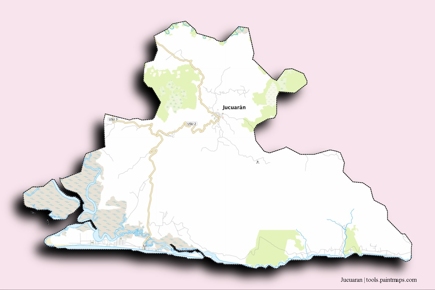 Mapa de barrios y pueblos de Jucuaran con efecto de sombra 3D