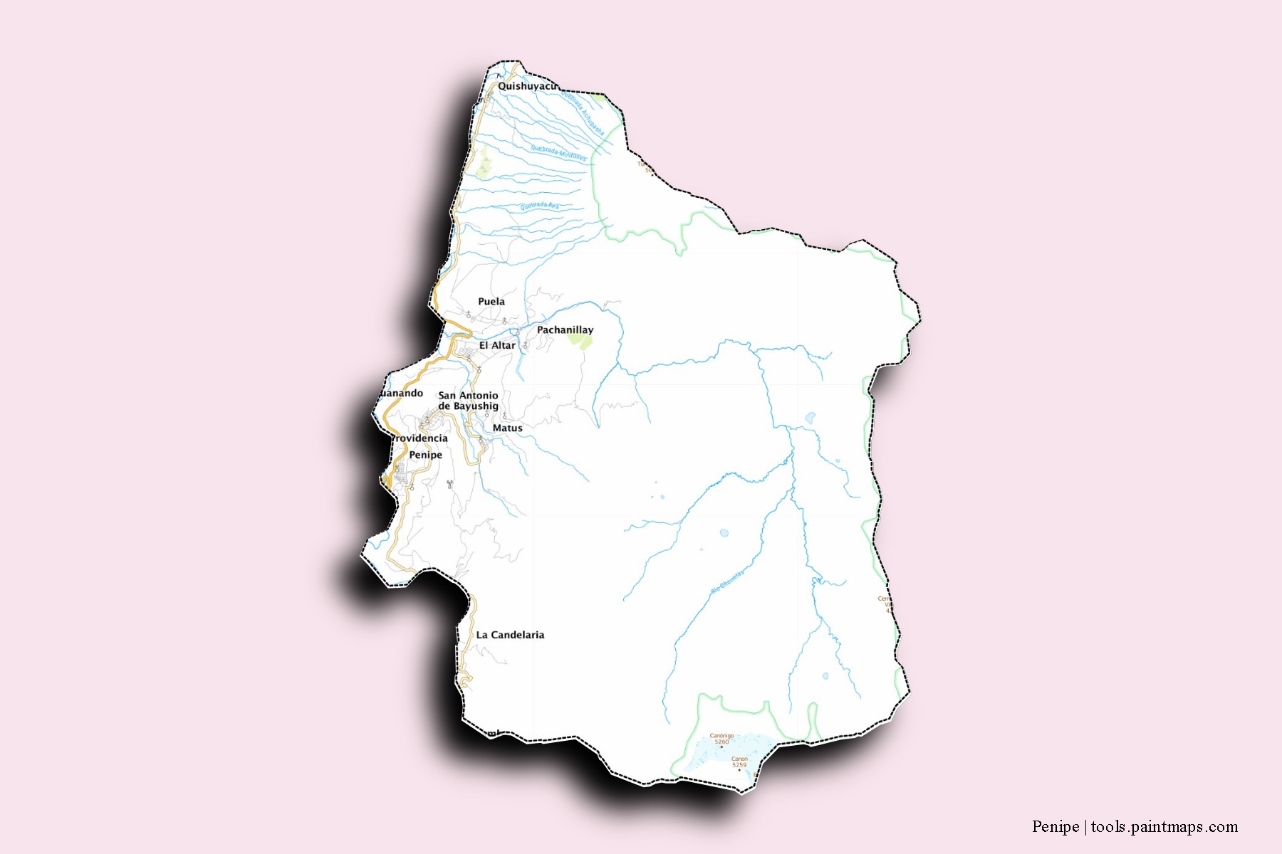 Mapa de barrios y pueblos de Penipe con efecto de sombra 3D