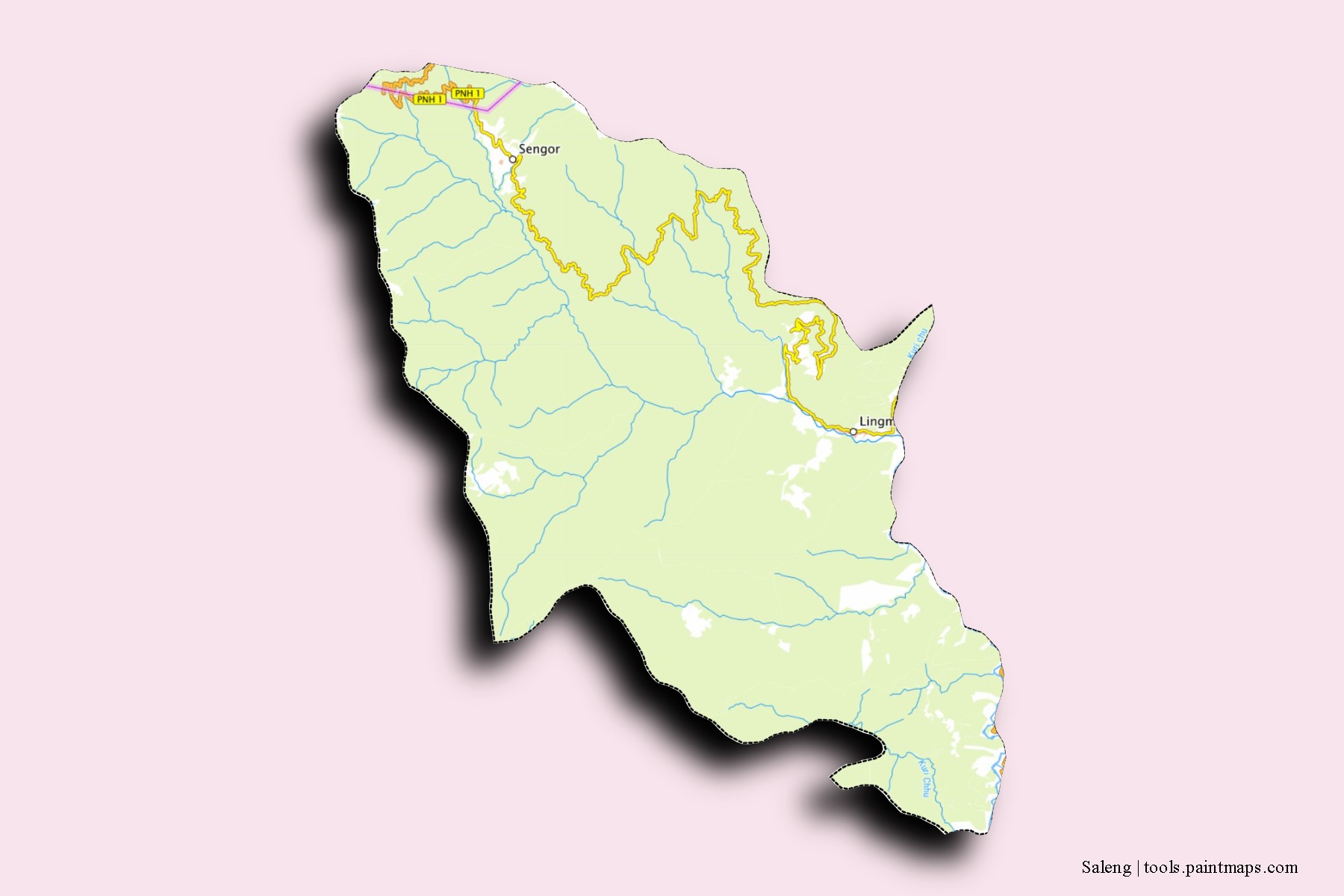 Mapa de barrios y pueblos de Saleng con efecto de sombra 3D