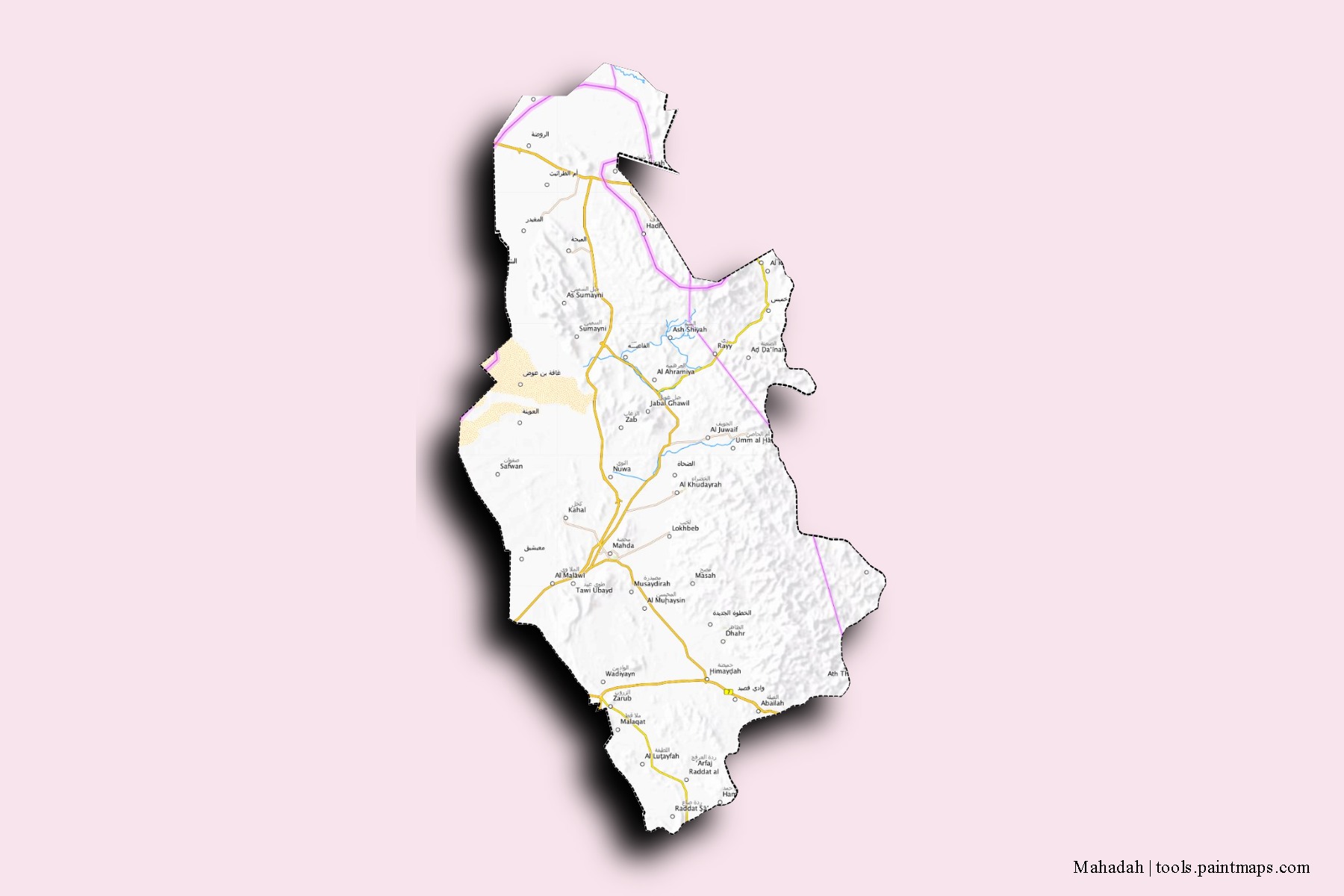 Mapa de barrios y pueblos de Mahadah con efecto de sombra 3D