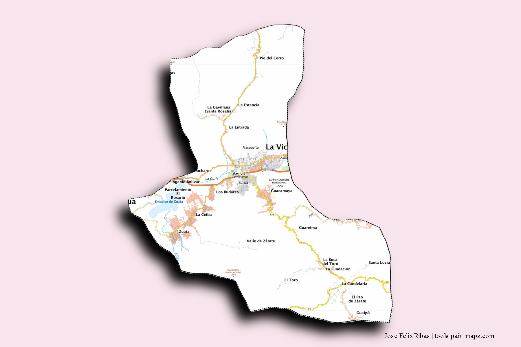 Mapa de barrios y pueblos de Jose Felix Ribas con efecto de sombra 3D