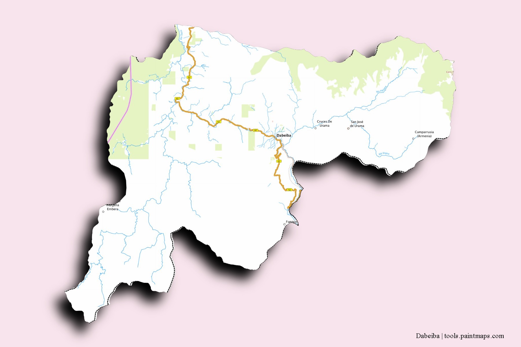 Mapa de barrios y pueblos de Dabeiba con efecto de sombra 3D