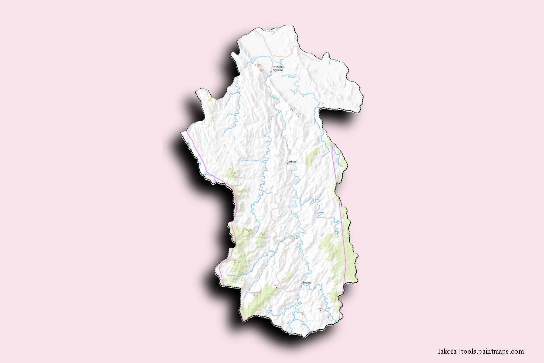 Mapa de barrios y pueblos de Iakora con efecto de sombra 3D