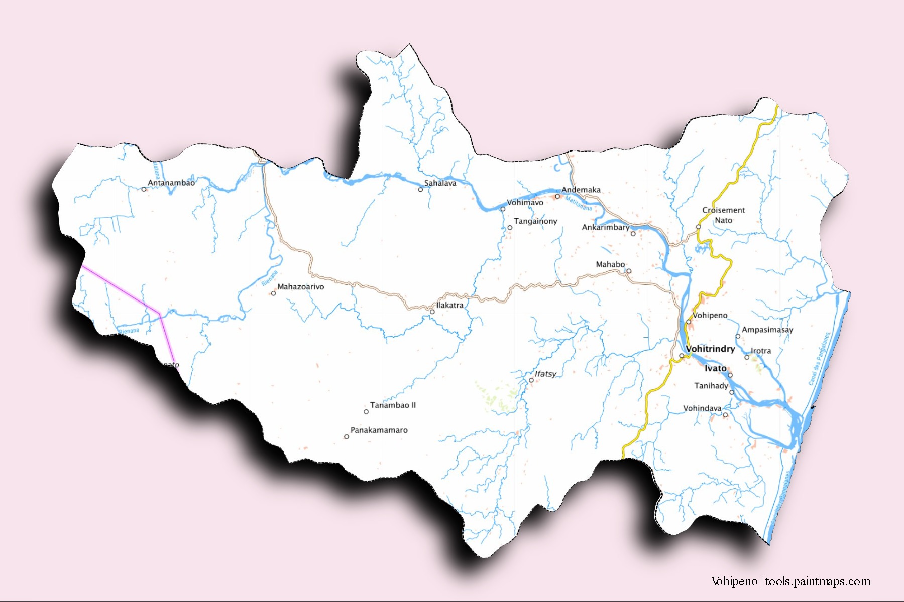 Mapa de barrios y pueblos de Vohipeno con efecto de sombra 3D