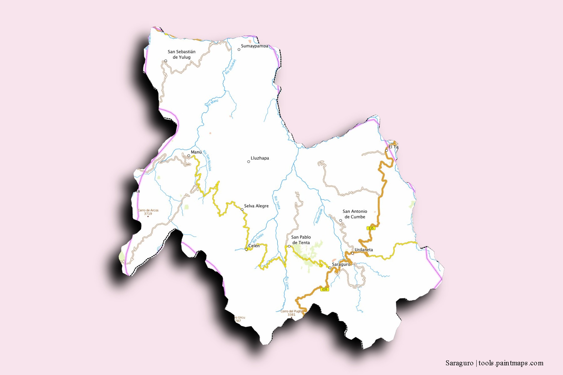 Mapa de barrios y pueblos de Saraguro con efecto de sombra 3D