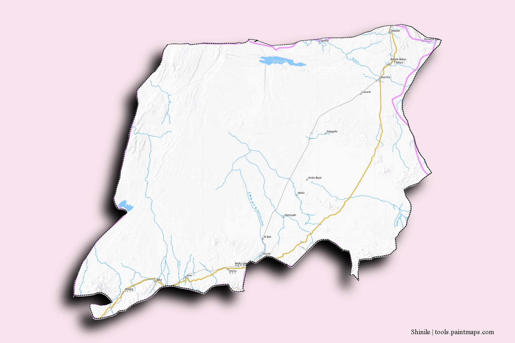 Mapa de barrios y pueblos de Shinile con efecto de sombra 3D