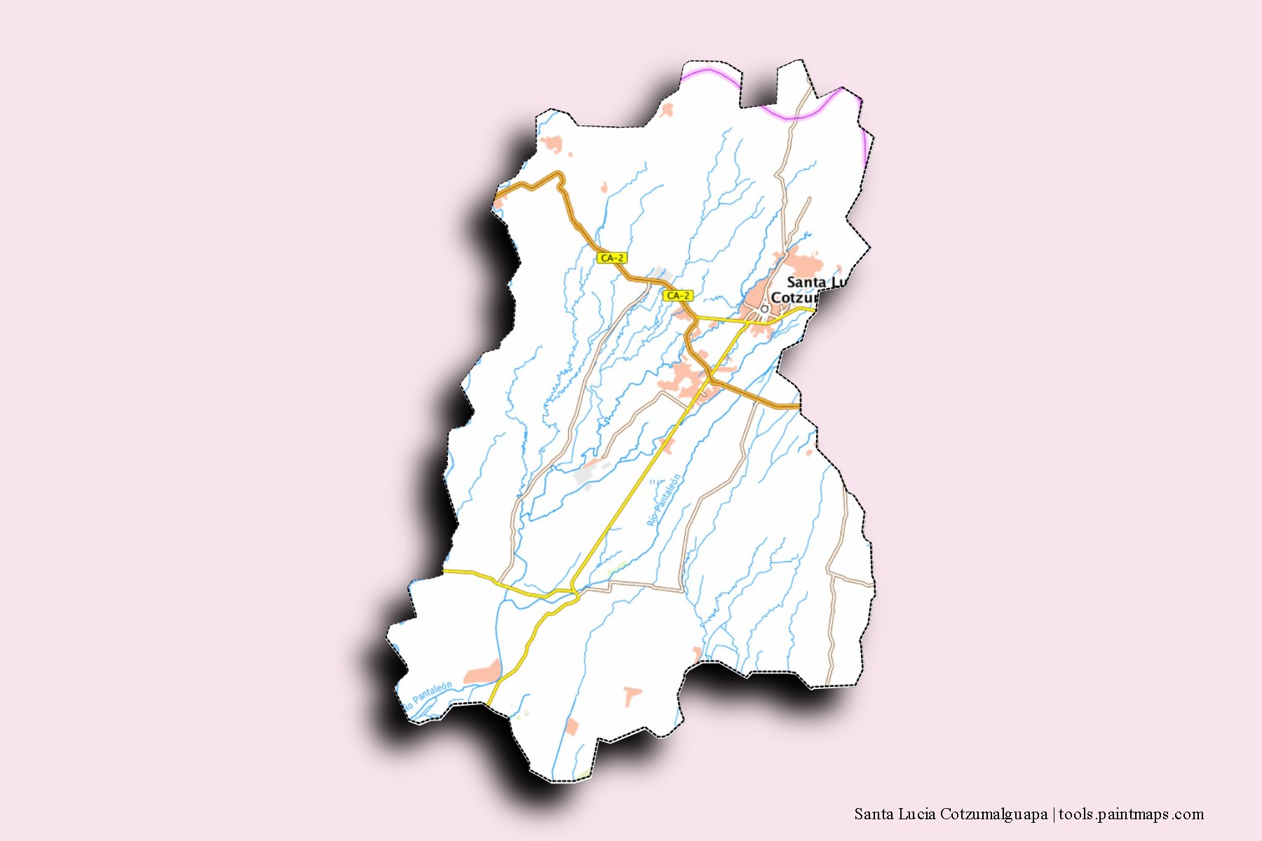 Mapa de barrios y pueblos de Santa Lucia Cotzumalguapa con efecto de sombra 3D