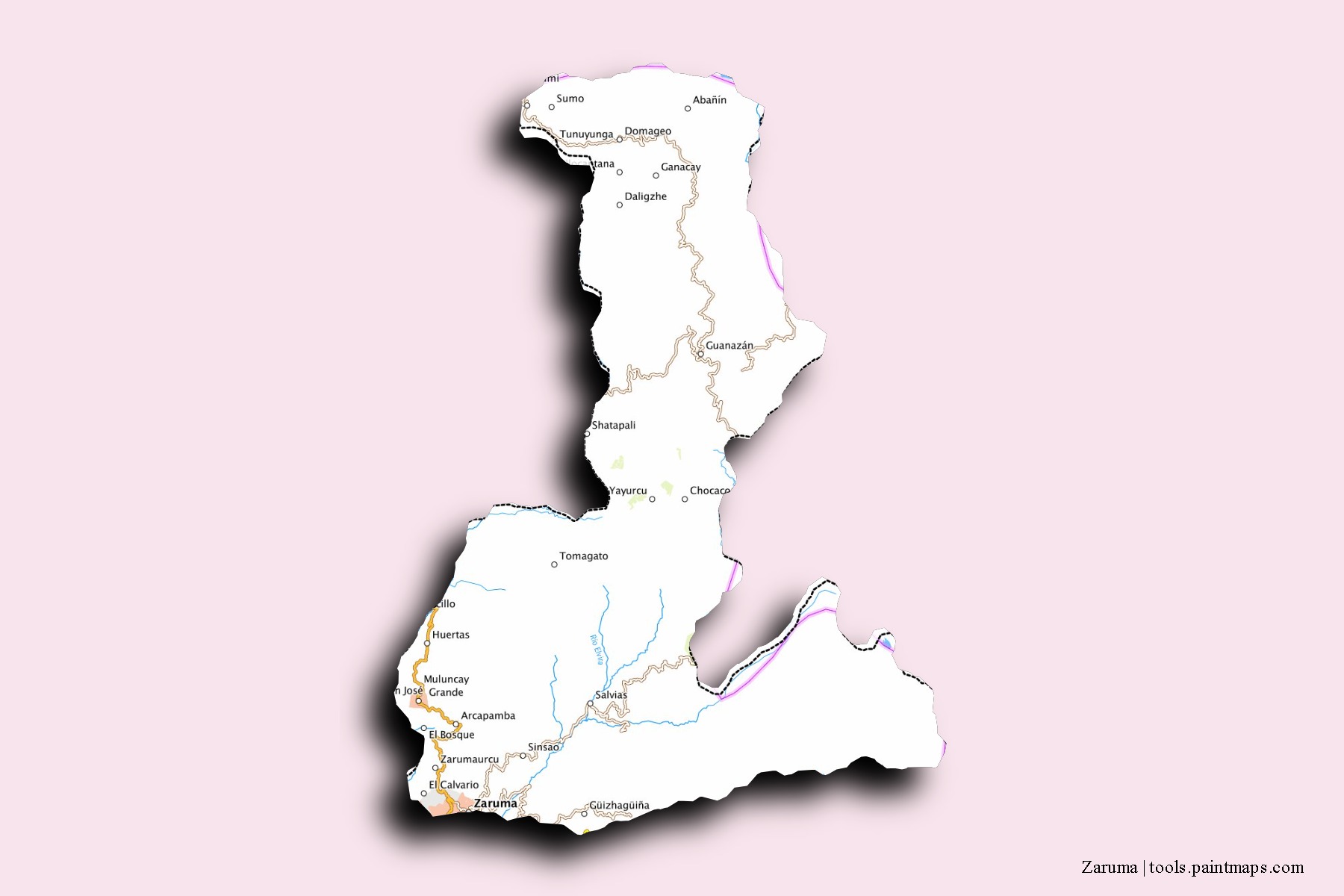 Mapa de barrios y pueblos de Zaruma con efecto de sombra 3D