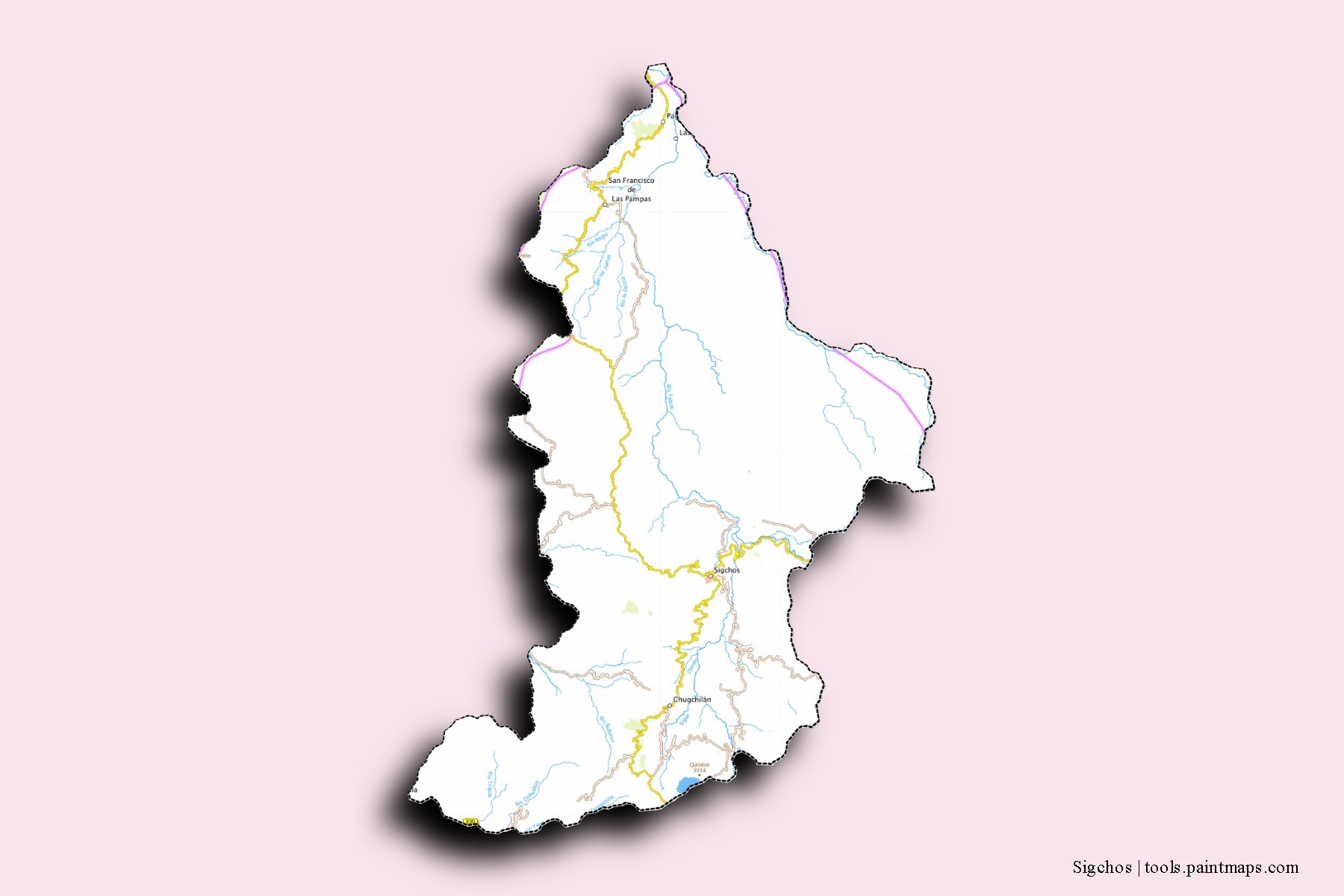 Mapa de barrios y pueblos de Sigchos con efecto de sombra 3D