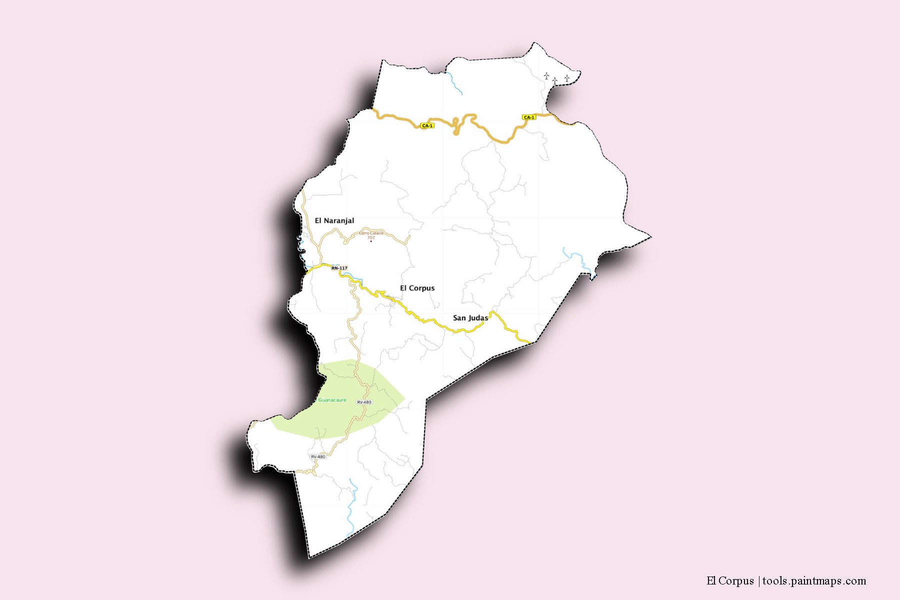 Mapa de barrios y pueblos de El Corpus con efecto de sombra 3D