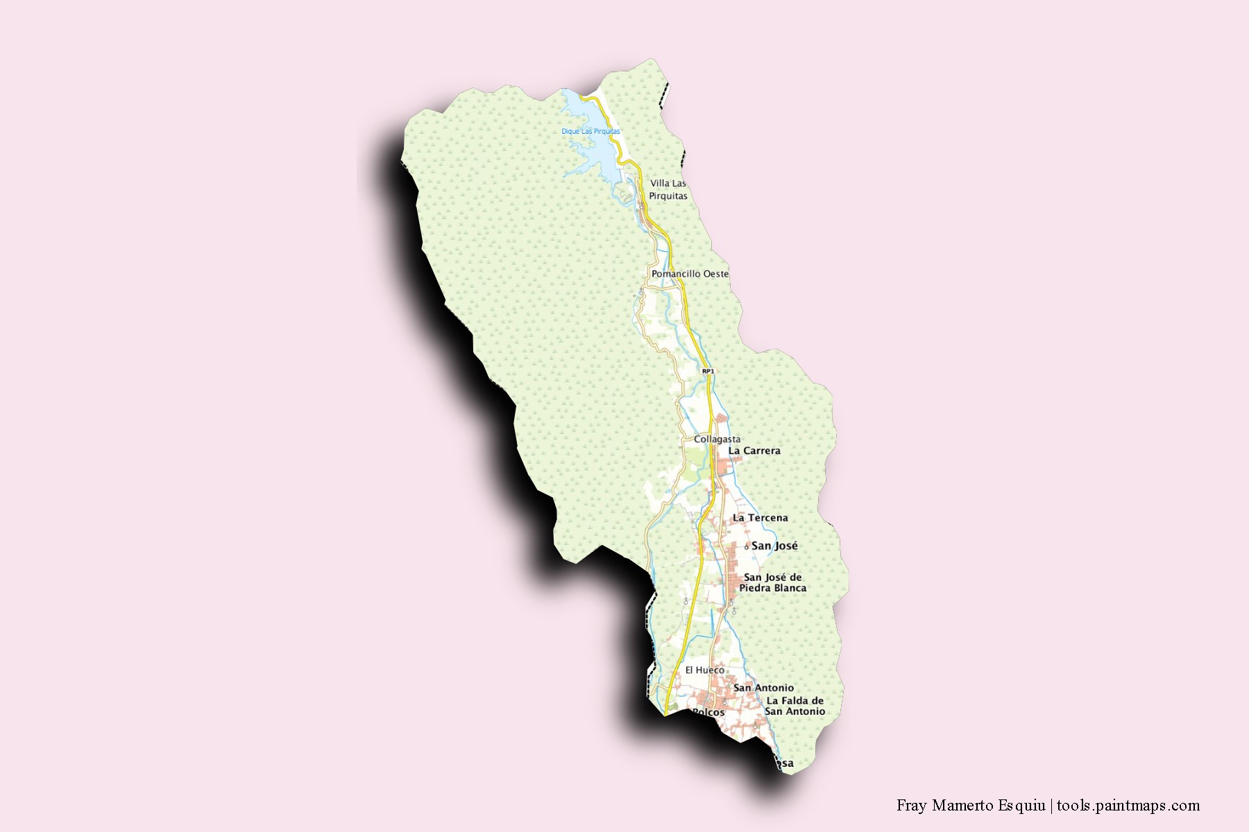 Mapa de barrios y pueblos de Fray Mamerto Esquiu con efecto de sombra 3D