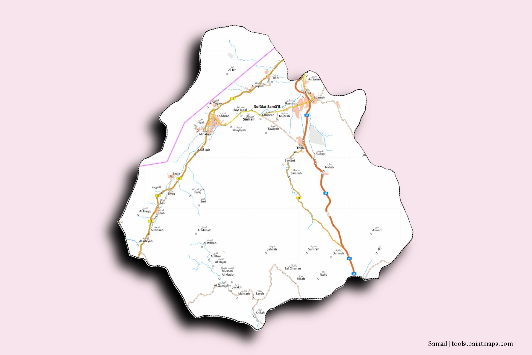 Mapa de barrios y pueblos de Samail con efecto de sombra 3D