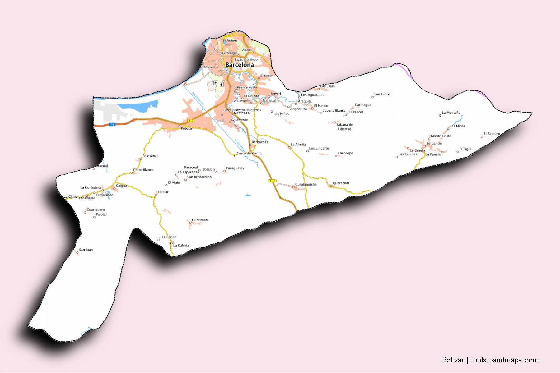 Mapa de barrios y pueblos de Bolivar con efecto de sombra 3D