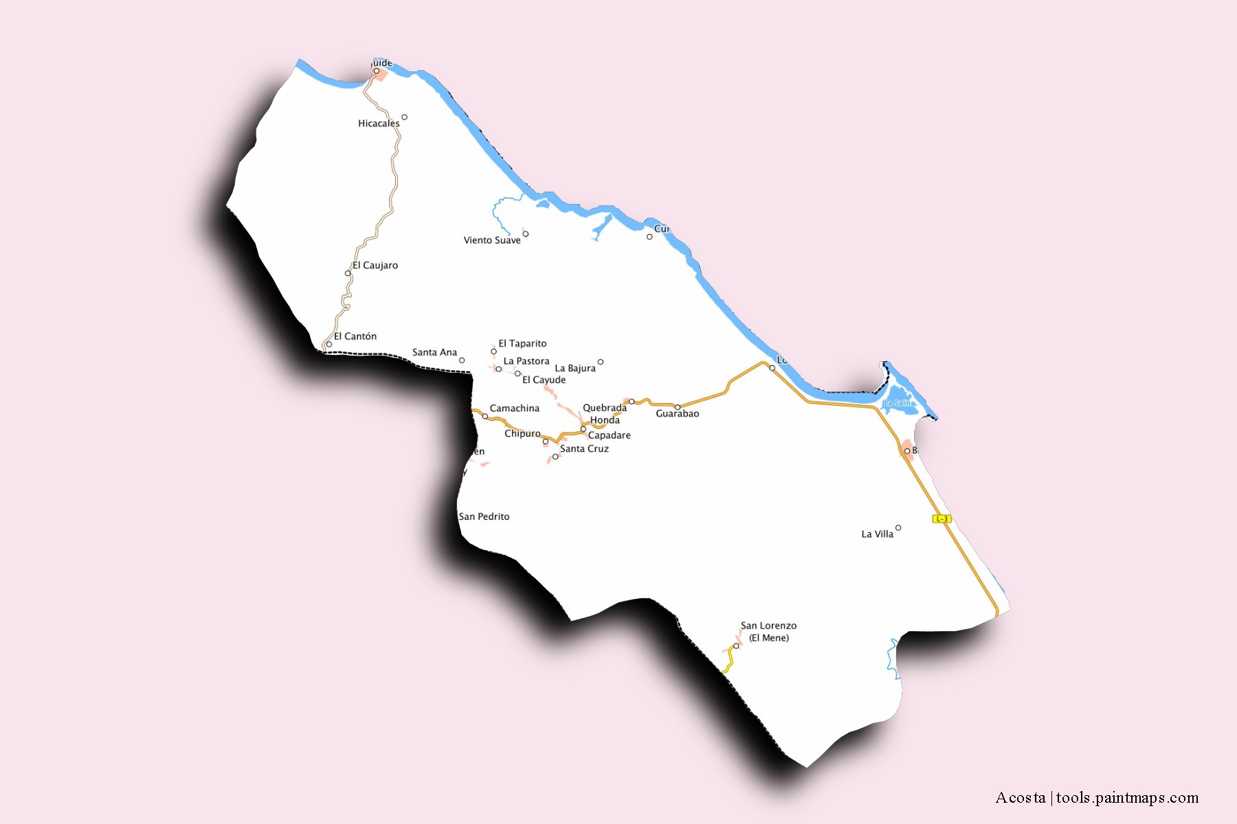 Mapa de barrios y pueblos de Acosta con efecto de sombra 3D