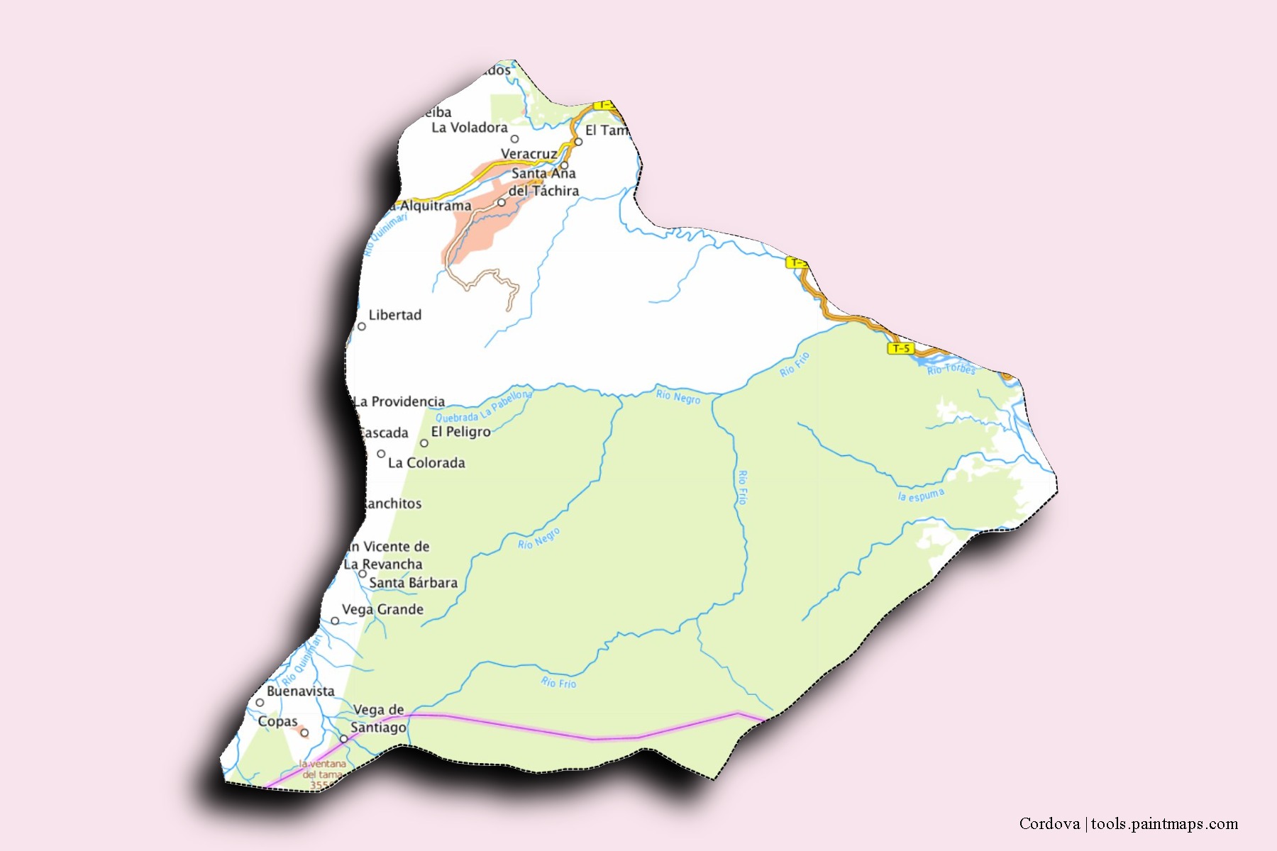 Mapa de barrios y pueblos de Cordova con efecto de sombra 3D