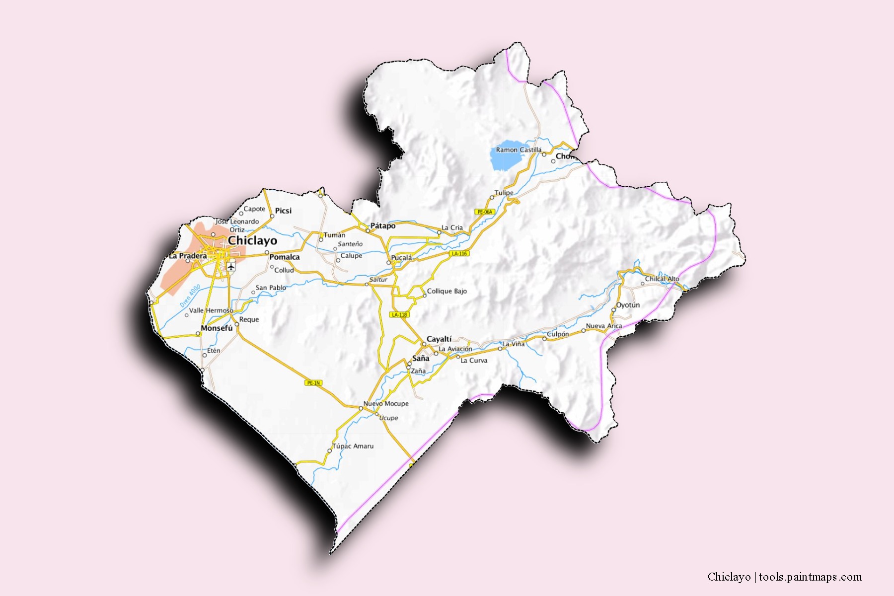 Mapa de barrios y pueblos de Chiclayo con efecto de sombra 3D