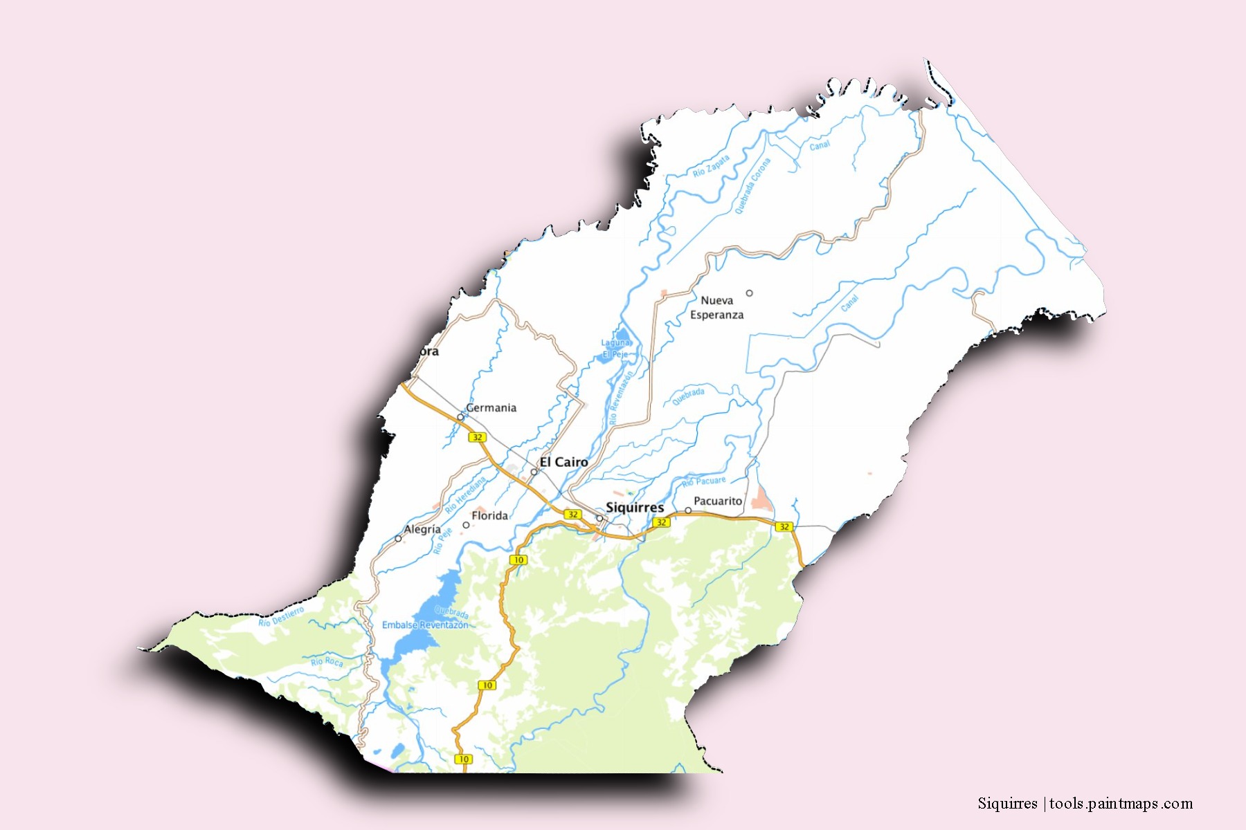 Mapa de barrios y pueblos de Siquirres con efecto de sombra 3D