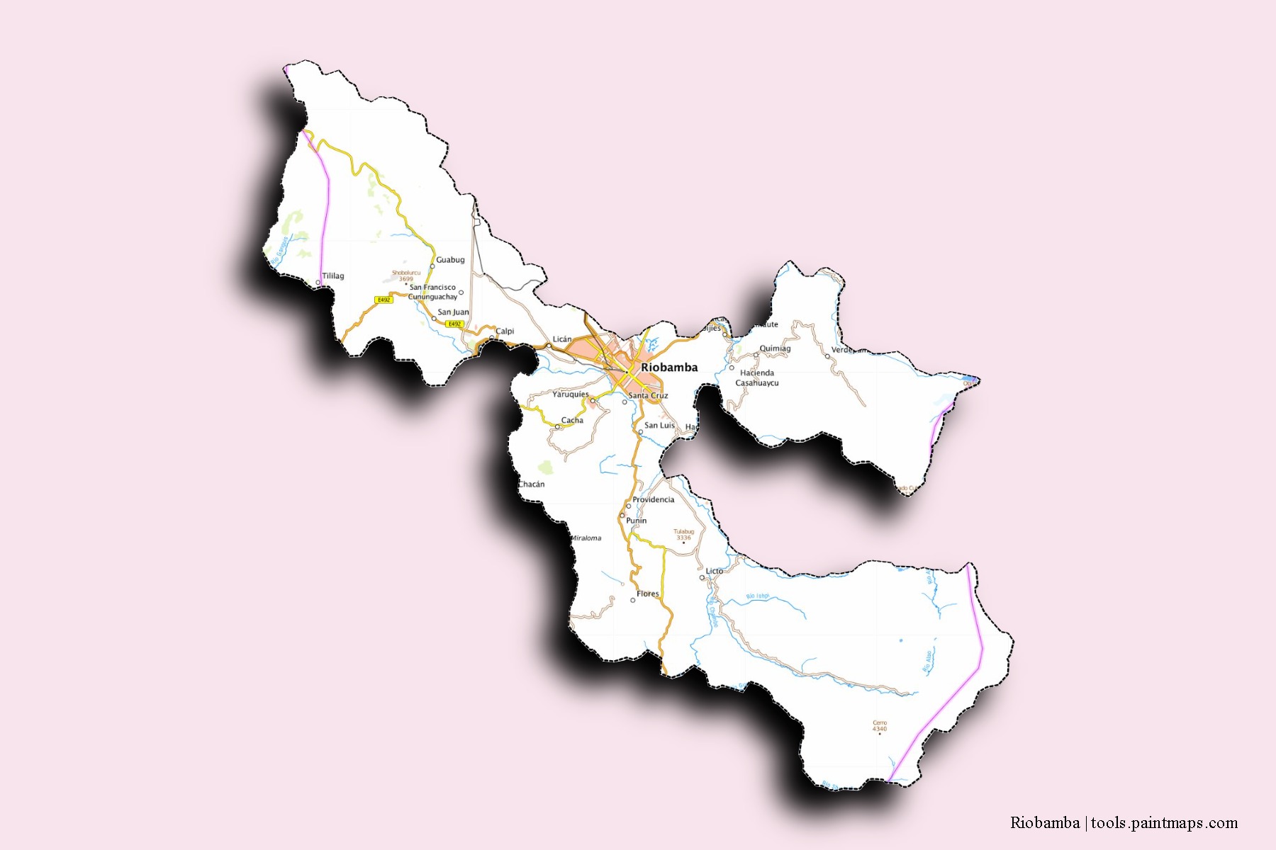 Mapa de barrios y pueblos de Riobamba con efecto de sombra 3D