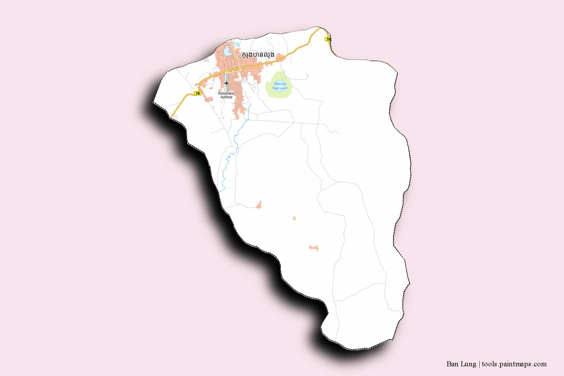 Mapa de barrios y pueblos de Ban Lung con efecto de sombra 3D