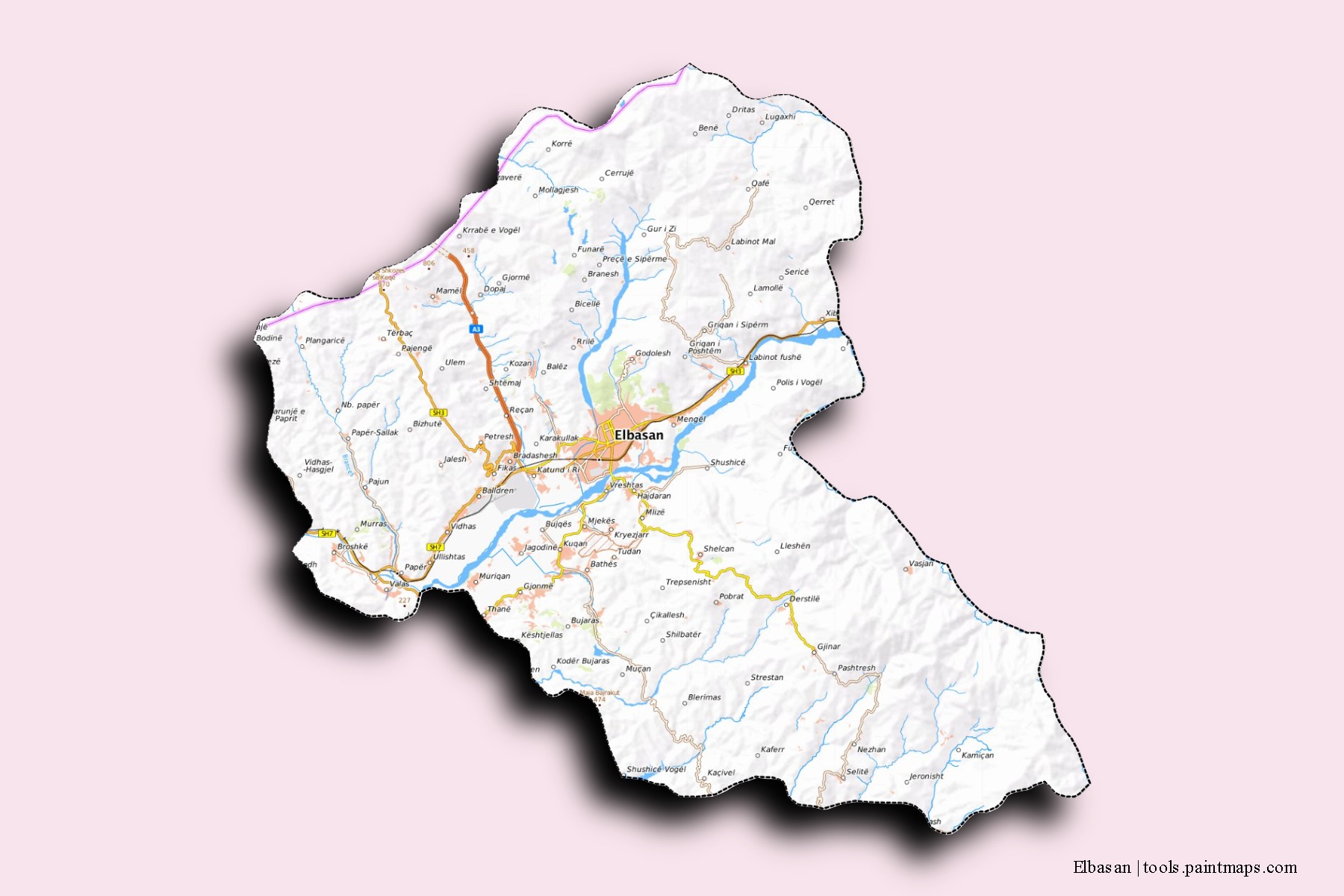 Mapa de barrios y pueblos de Elbasan con efecto de sombra 3D