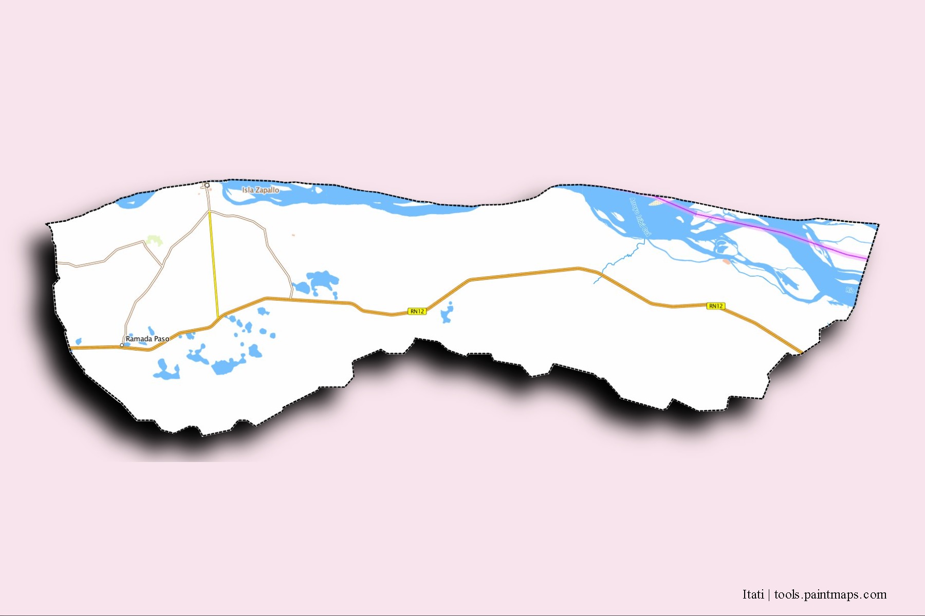 Itatí neighborhoods and villages map with 3D shadow effect