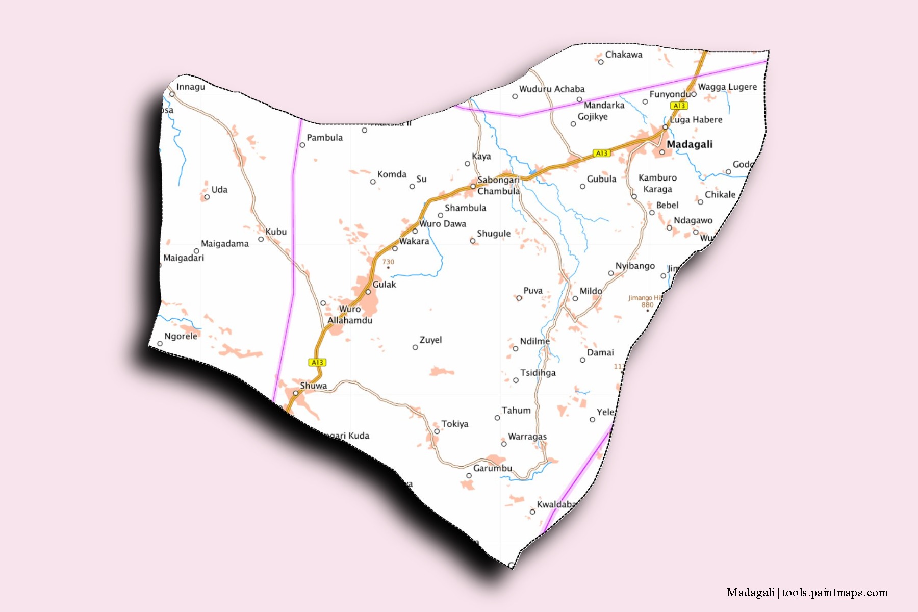 Madagali neighborhoods and villages map with 3D shadow effect