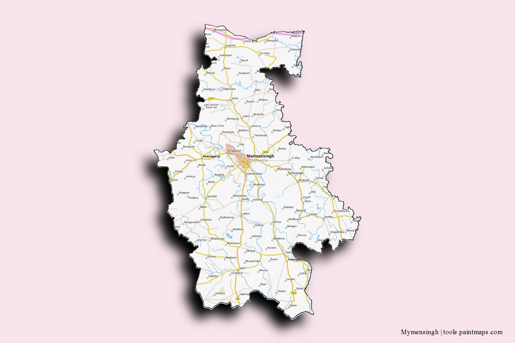 Mymensingh neighborhoods and villages map with 3D shadow effect