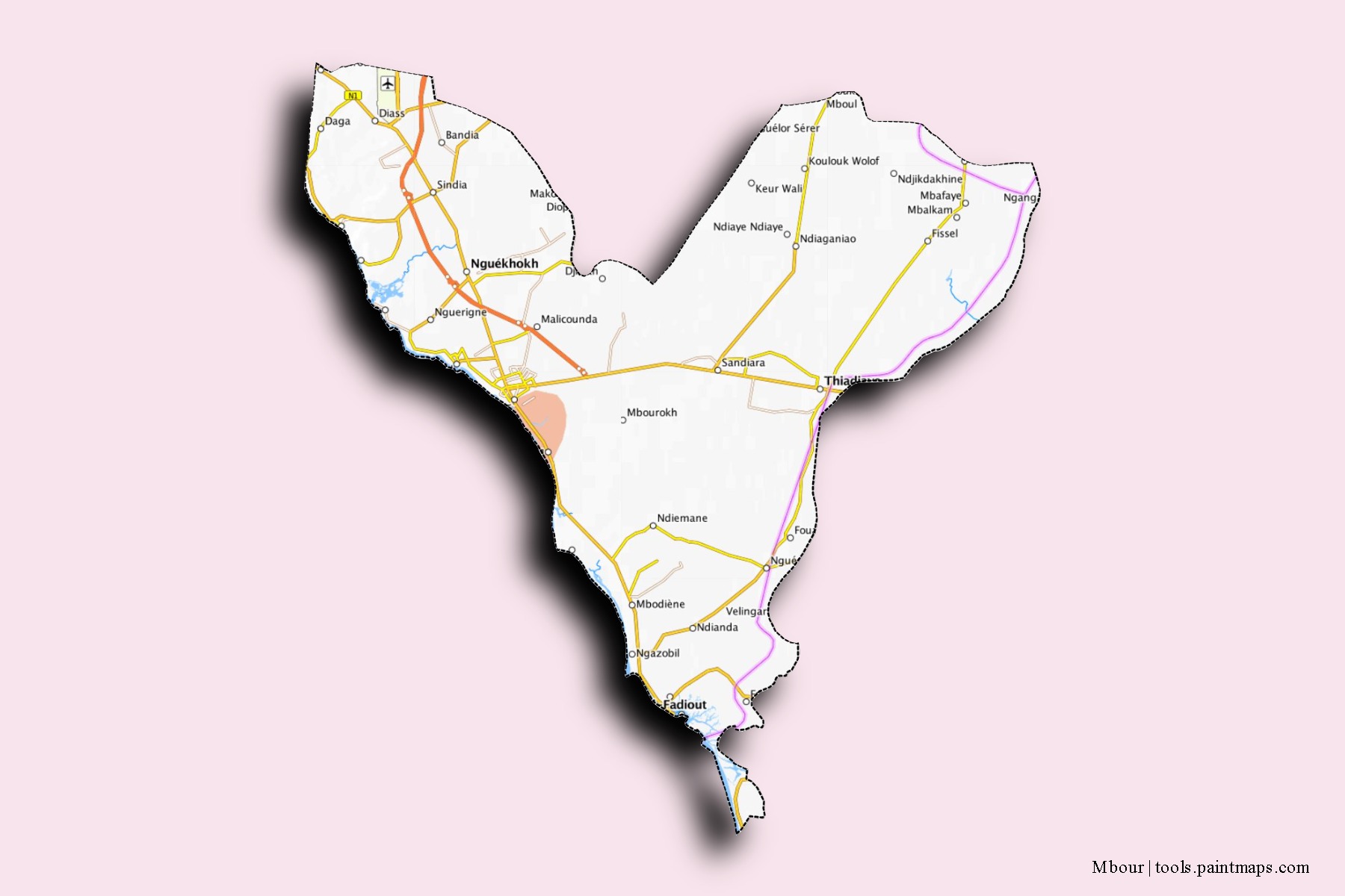 Mapa de barrios y pueblos de Mbour con efecto de sombra 3D