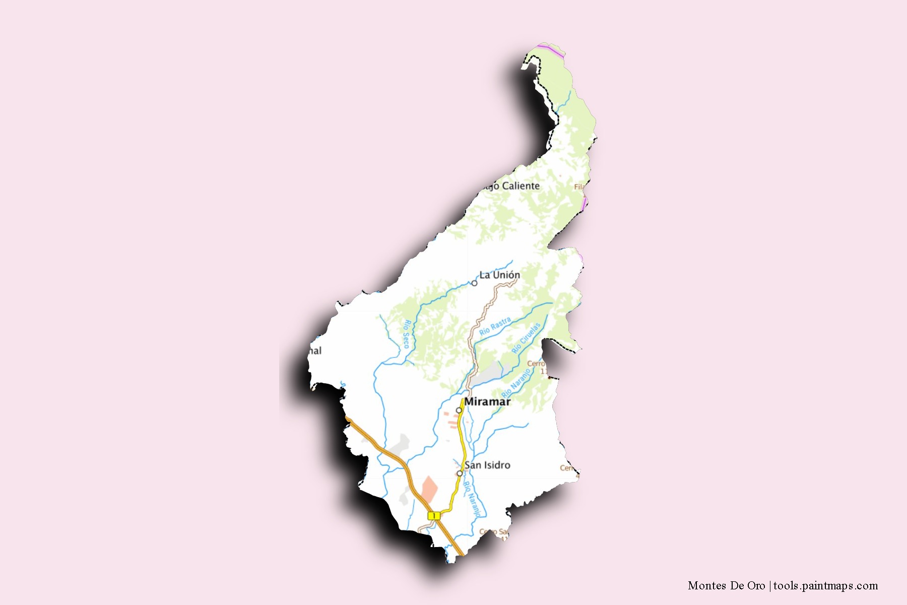 Mapa de barrios y pueblos de Montes De Oro con efecto de sombra 3D