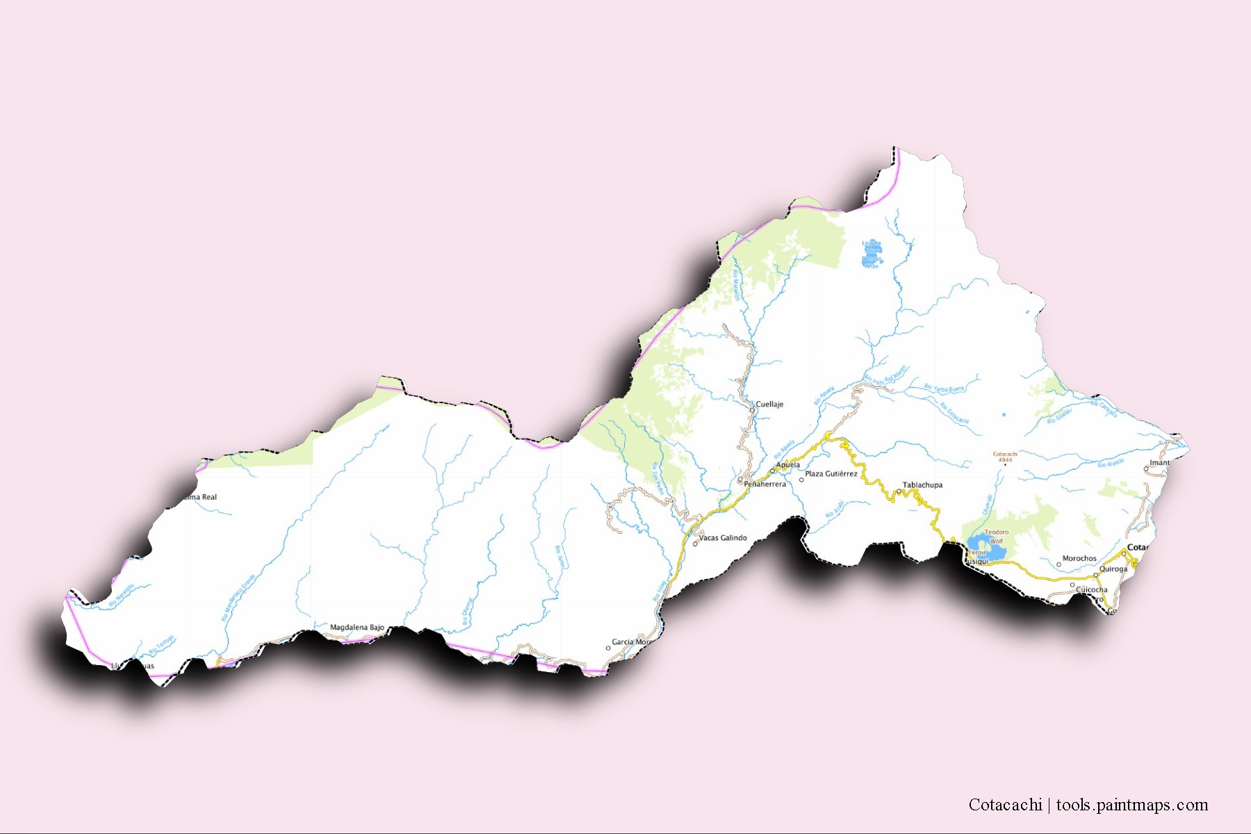 Mapa de barrios y pueblos de Cotacachi con efecto de sombra 3D