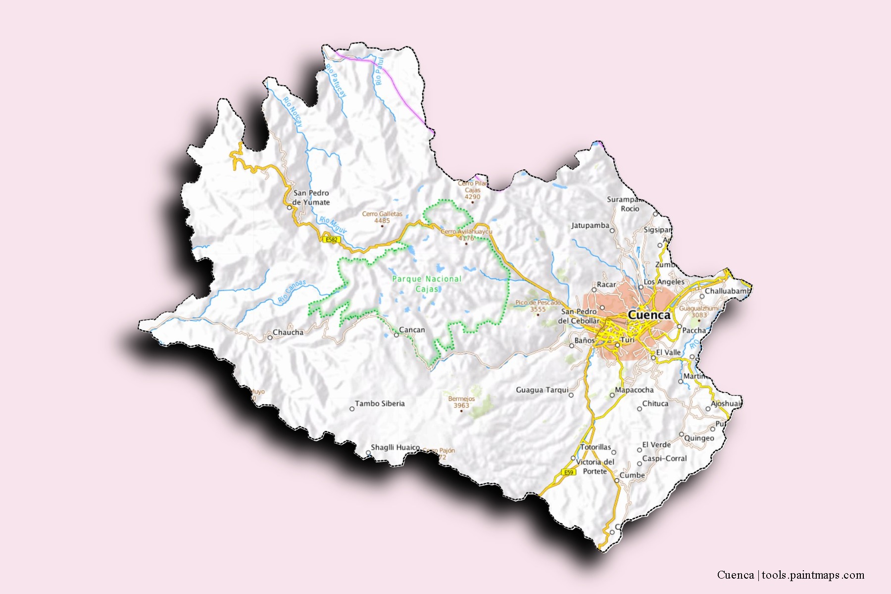 Mapa de barrios y pueblos de Cuenca con efecto de sombra 3D