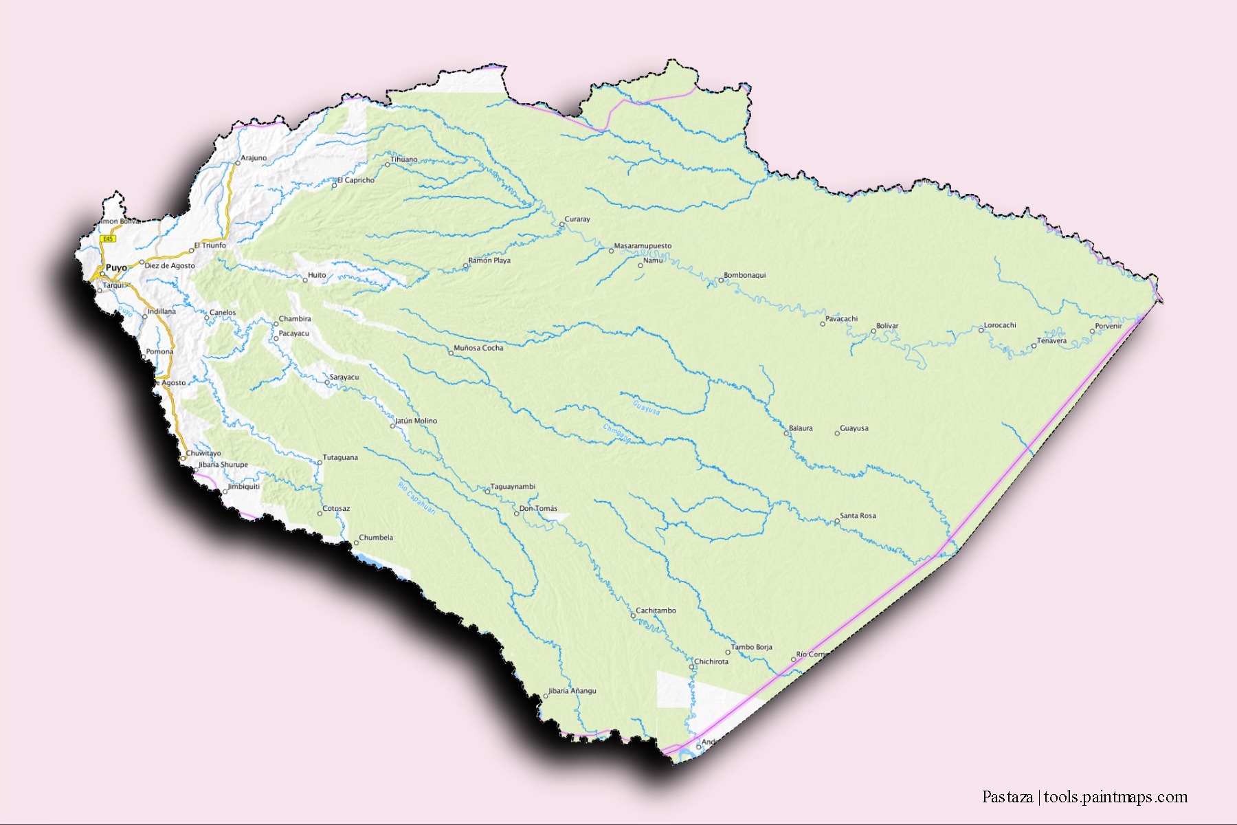 Mapa de barrios y pueblos de Pastaza con efecto de sombra 3D