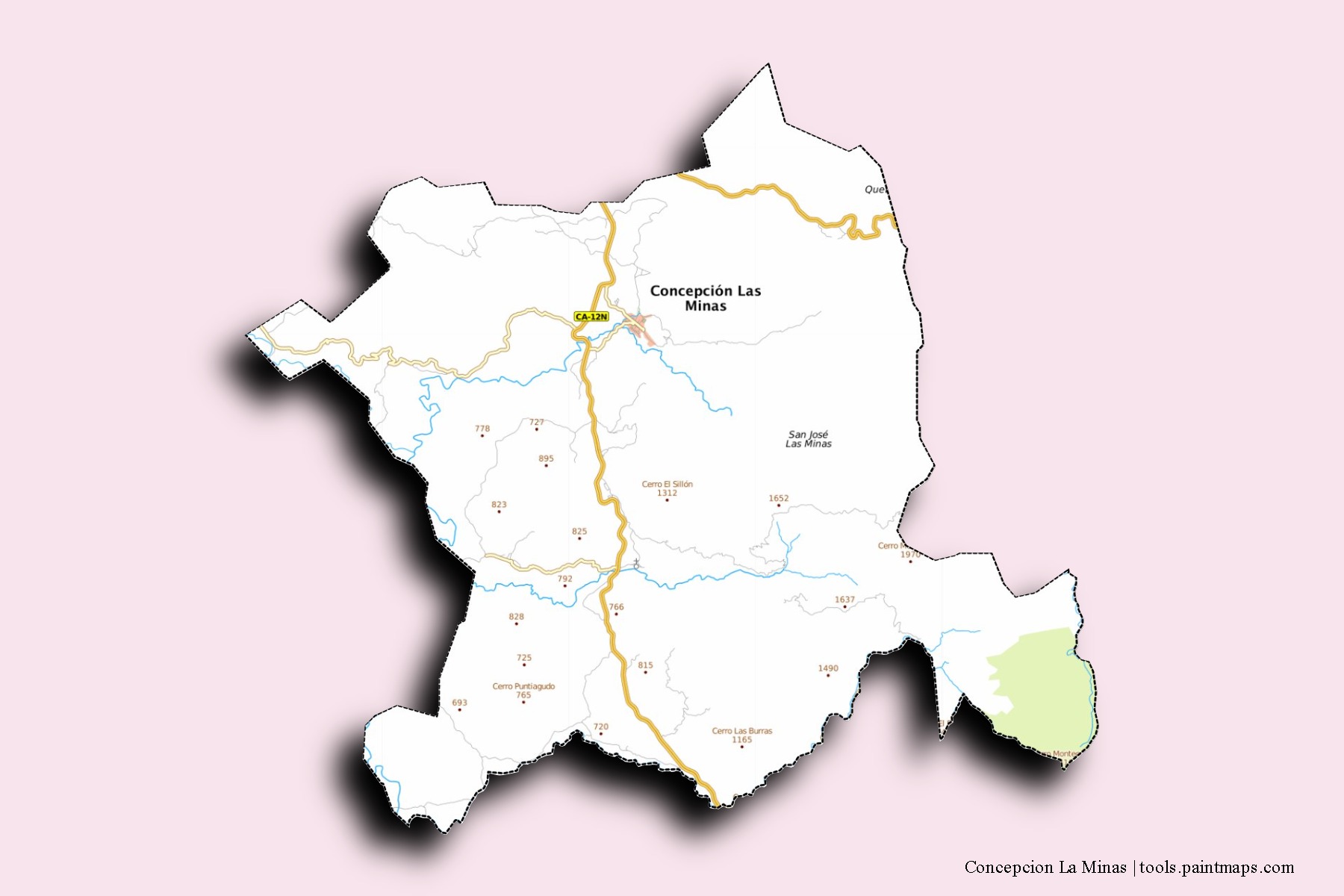 Mapa de barrios y pueblos de Concepcion La Minas con efecto de sombra 3D