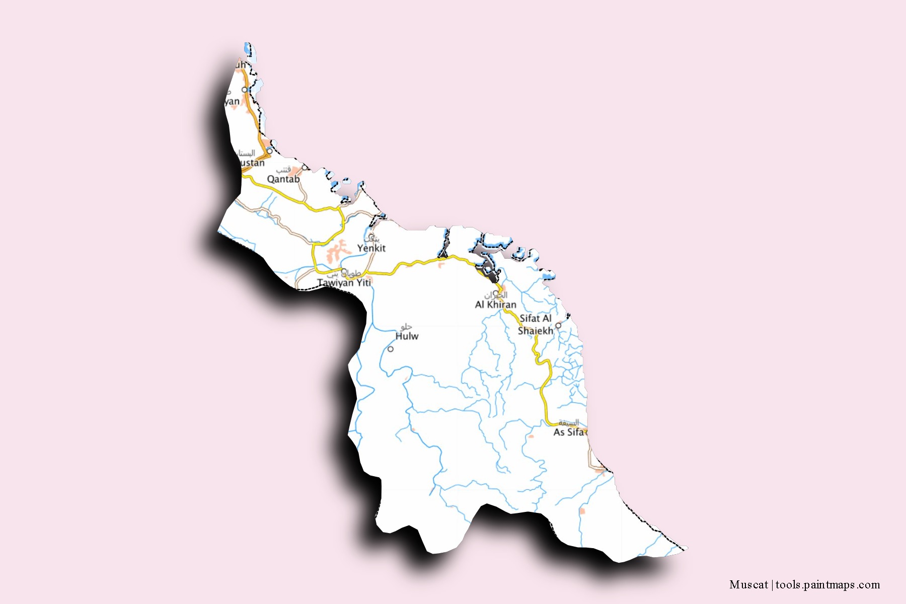 Muscat neighborhoods and villages map with 3D shadow effect