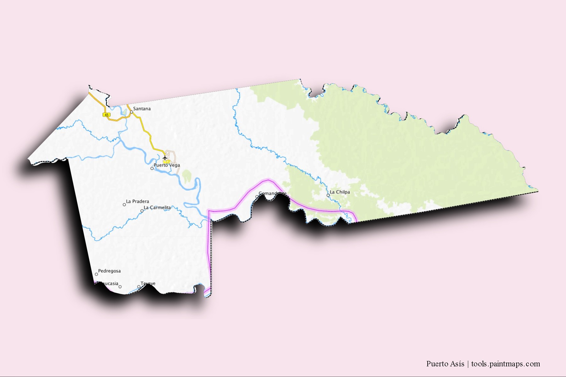 Puerto Asís neighborhoods and villages map with 3D shadow effect