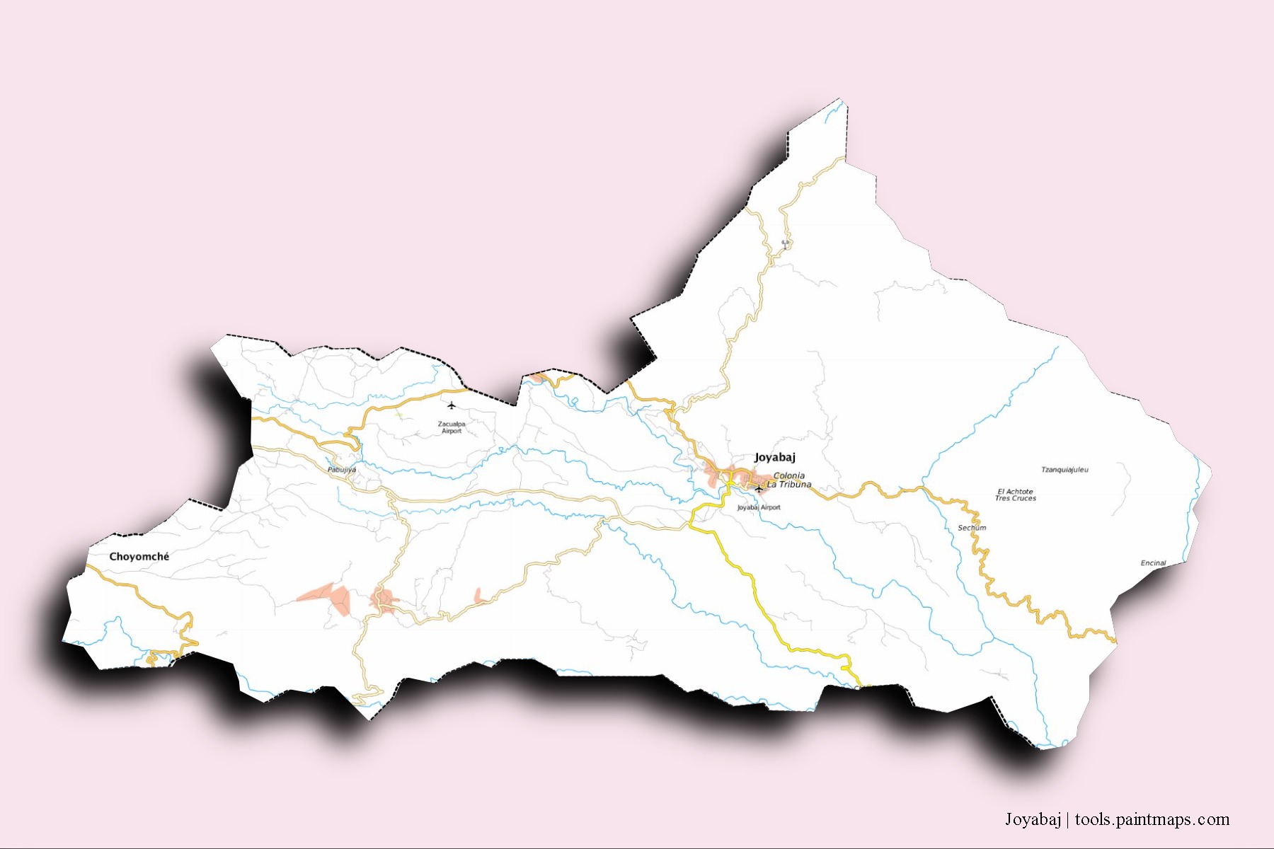 Mapa de barrios y pueblos de Joyabaj con efecto de sombra 3D