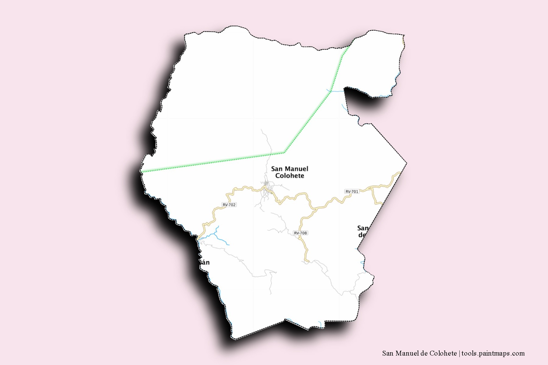 San Manuel Colohete neighborhoods and villages map with 3D shadow effect