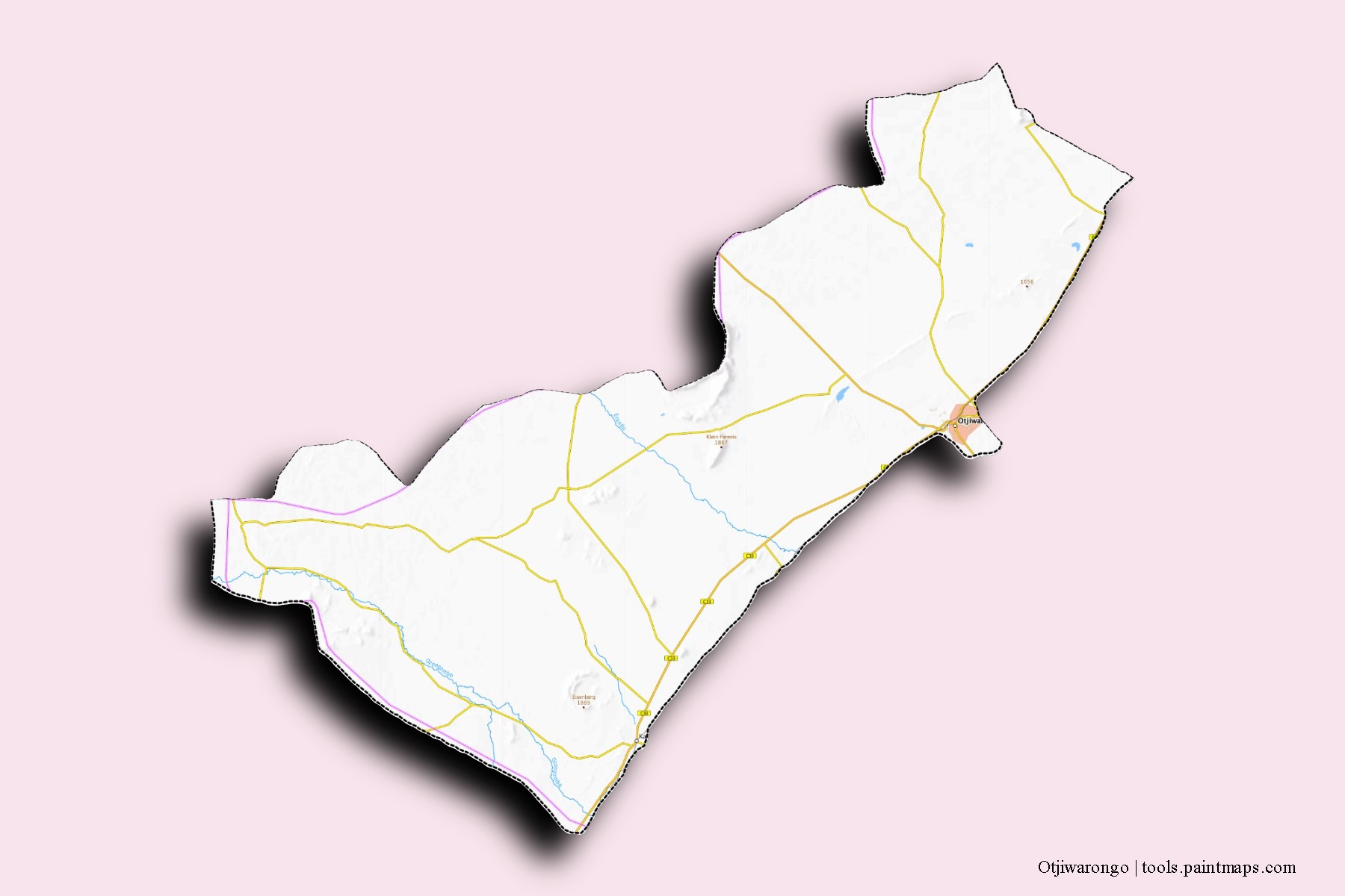 Otjiwarongo neighborhoods and villages map with 3D shadow effect