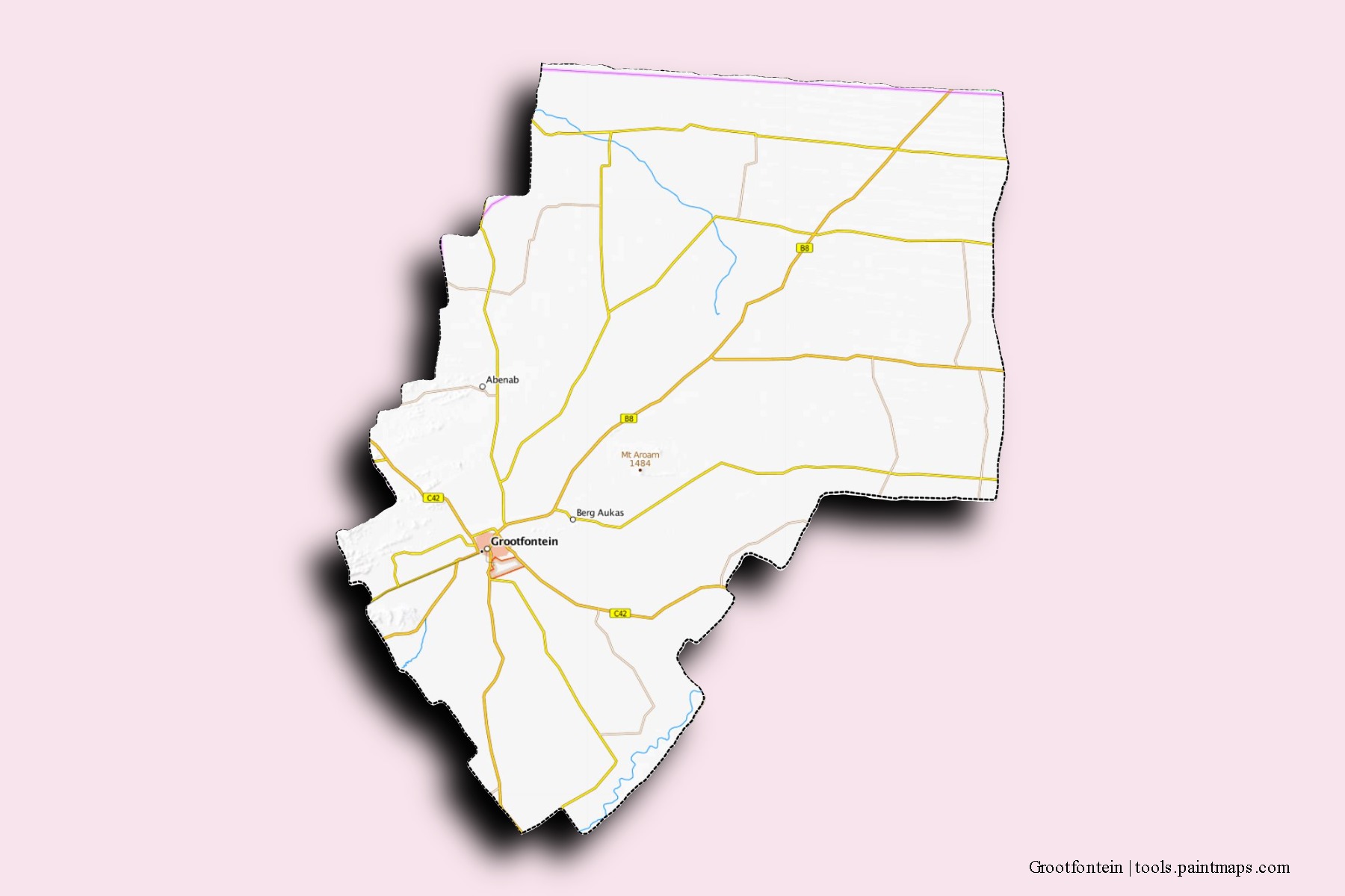 Mapa de barrios y pueblos de Grootfontein con efecto de sombra 3D