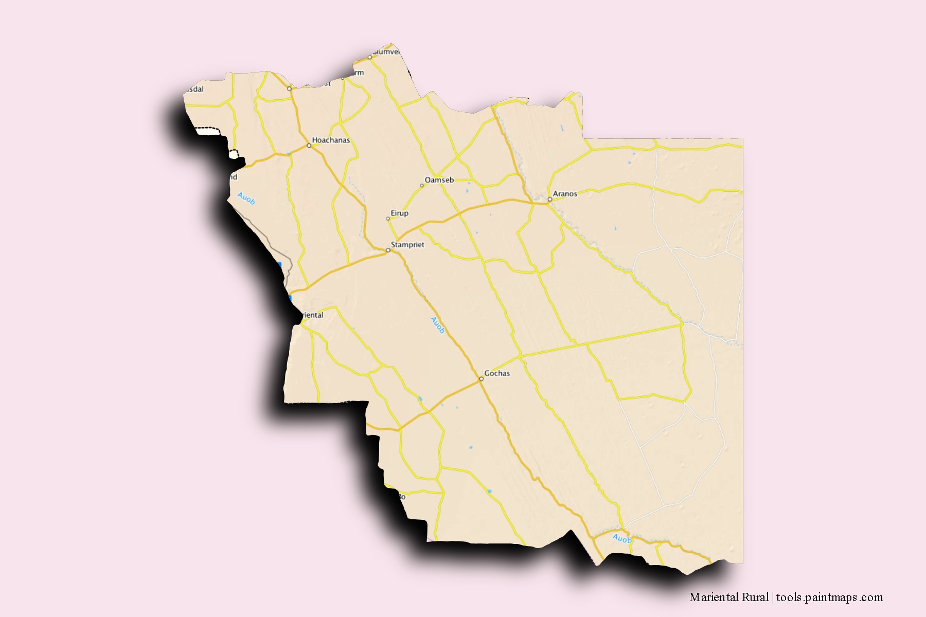 Mapa de barrios y pueblos de Mariental Rural con efecto de sombra 3D