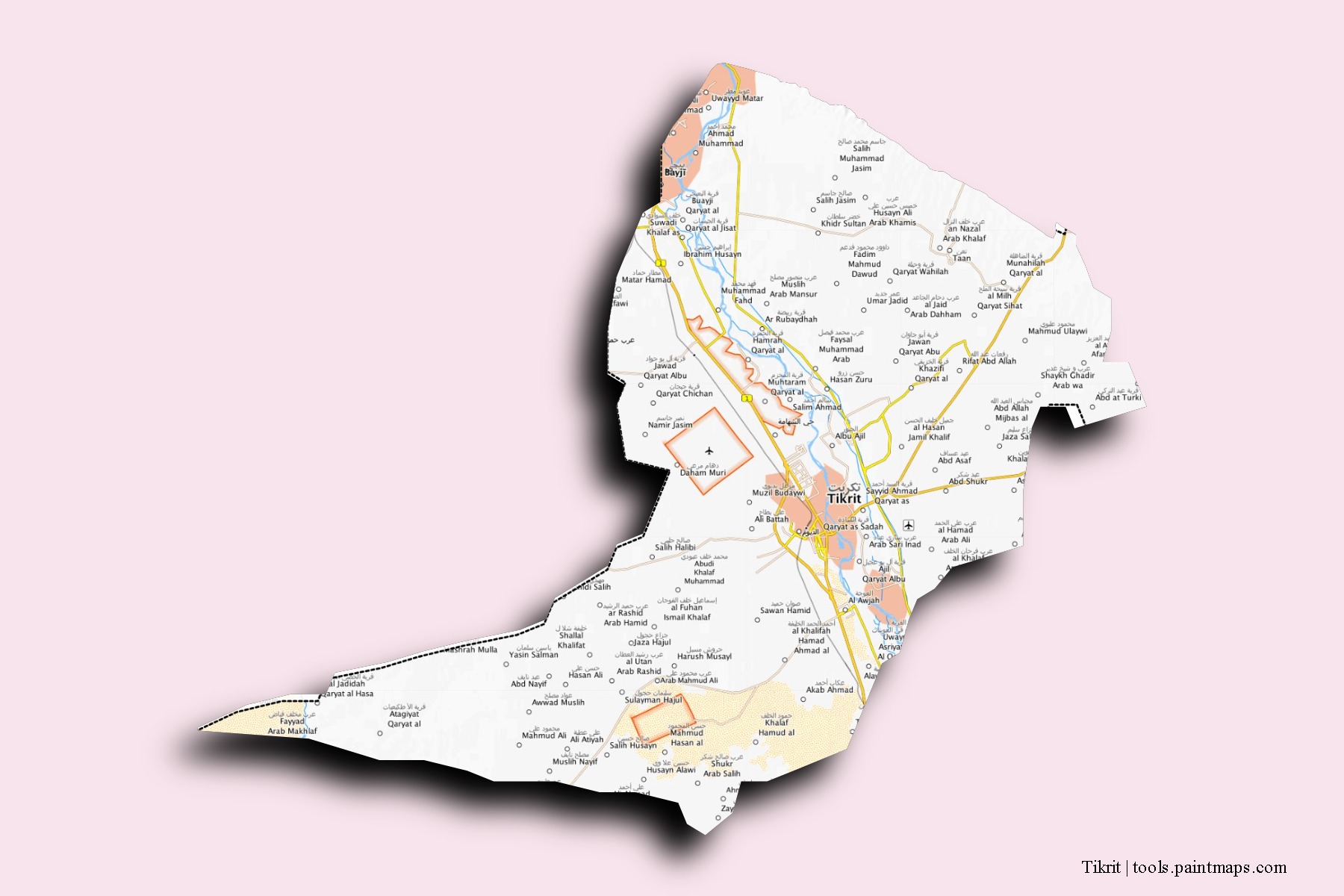 3D gölge efektli Tikrit mahalleleri ve köyleri haritası