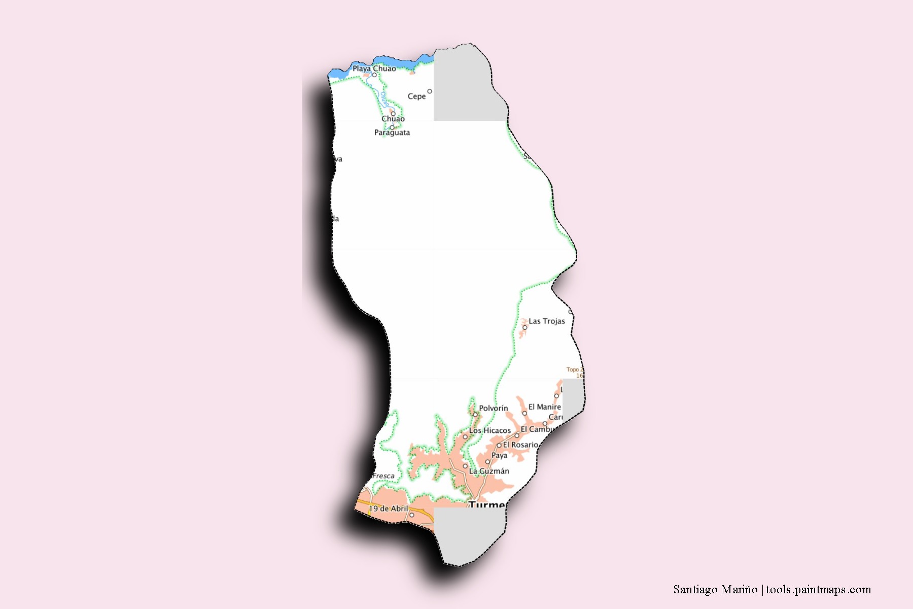 Mapa de barrios y pueblos de Santiago Mariño con efecto de sombra 3D